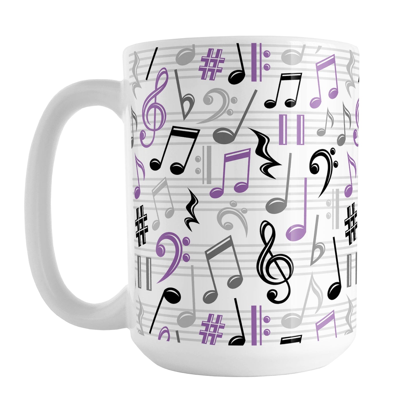 Purple Music Notes Pattern Mug (15oz) at Amy's Coffee Mugs. A ceramic coffee mug designed with music notes and symbols in purple, black, and gray in a pattern that wraps around the mug to the handle.