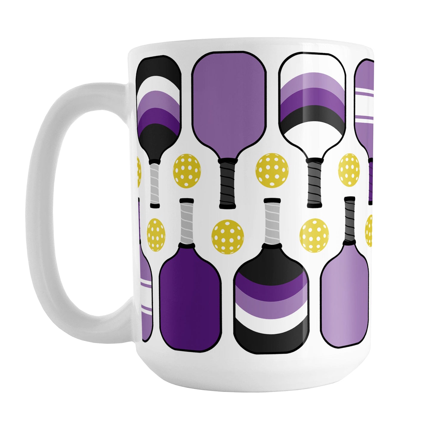 Purple Pickleball Mug (15oz) at Amy's Coffee Mugs. A ceramic coffee mug designed with modern purple pickleball paddles and yellow balls in a pattern that wraps around the mug up to the handle.