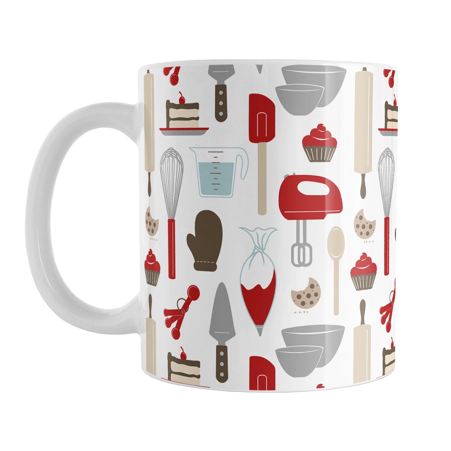 Red Baking Pattern Mug (11oz) at Amy's Coffee Mugs. A ceramic coffee mug designed with a pattern of baking tools like spatulas, whisks, mixers, bowls, and spoons, with cookies, cupcakes, and cake all in a red, gray, brown, and beige color scheme that wraps around the mug.