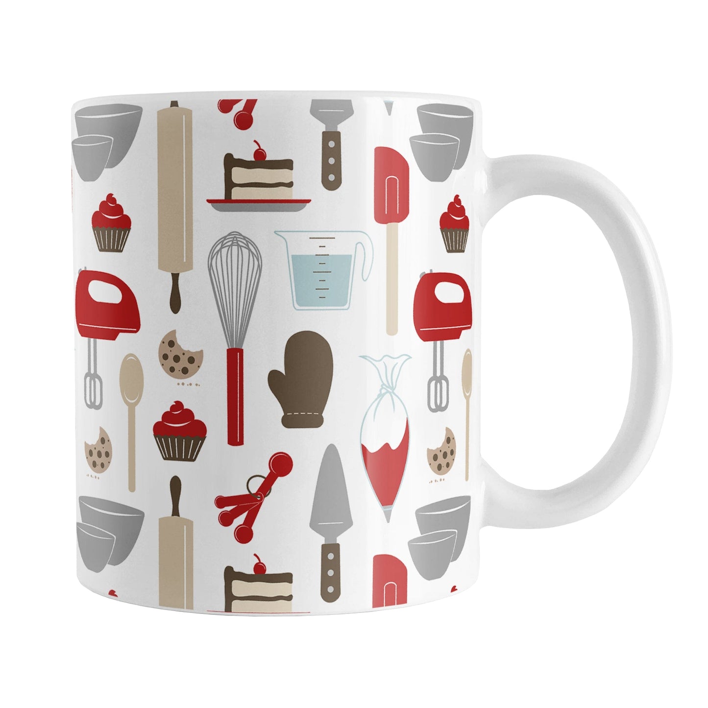 Red Baking Pattern Mug (11oz) at Amy's Coffee Mugs. A ceramic coffee mug designed with a pattern of baking tools like spatulas, whisks, mixers, bowls, and spoons, with cookies, cupcakes, and cake all in a red, gray, brown, and beige color scheme that wraps around the mug.