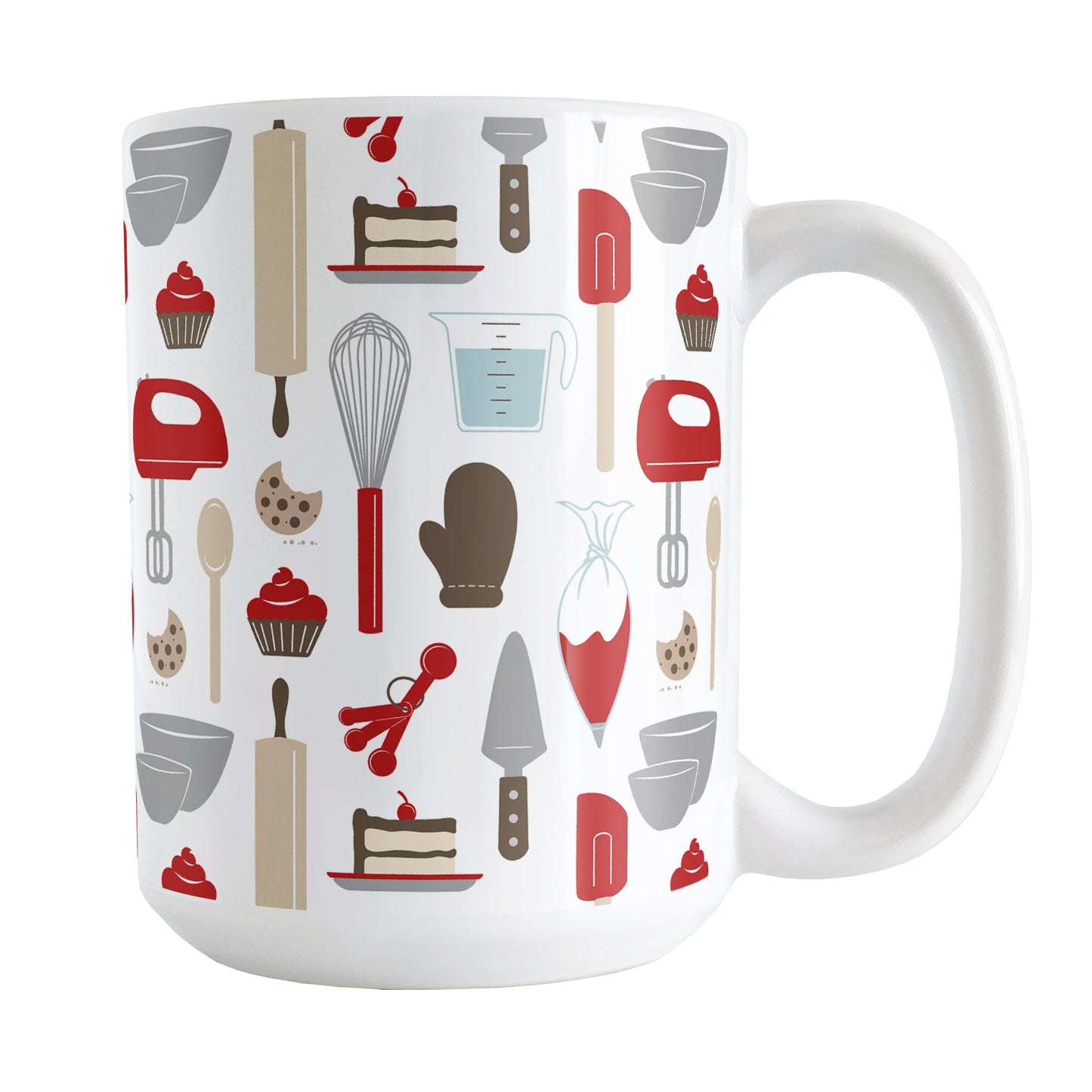 Red Baking Pattern Mug (15oz) at Amy's Coffee Mugs. A ceramic coffee mug designed with a pattern of baking tools like spatulas, whisks, mixers, bowls, and spoons, with cookies, cupcakes, and cake all in a red, gray, brown, and beige color scheme that wraps around the mug.