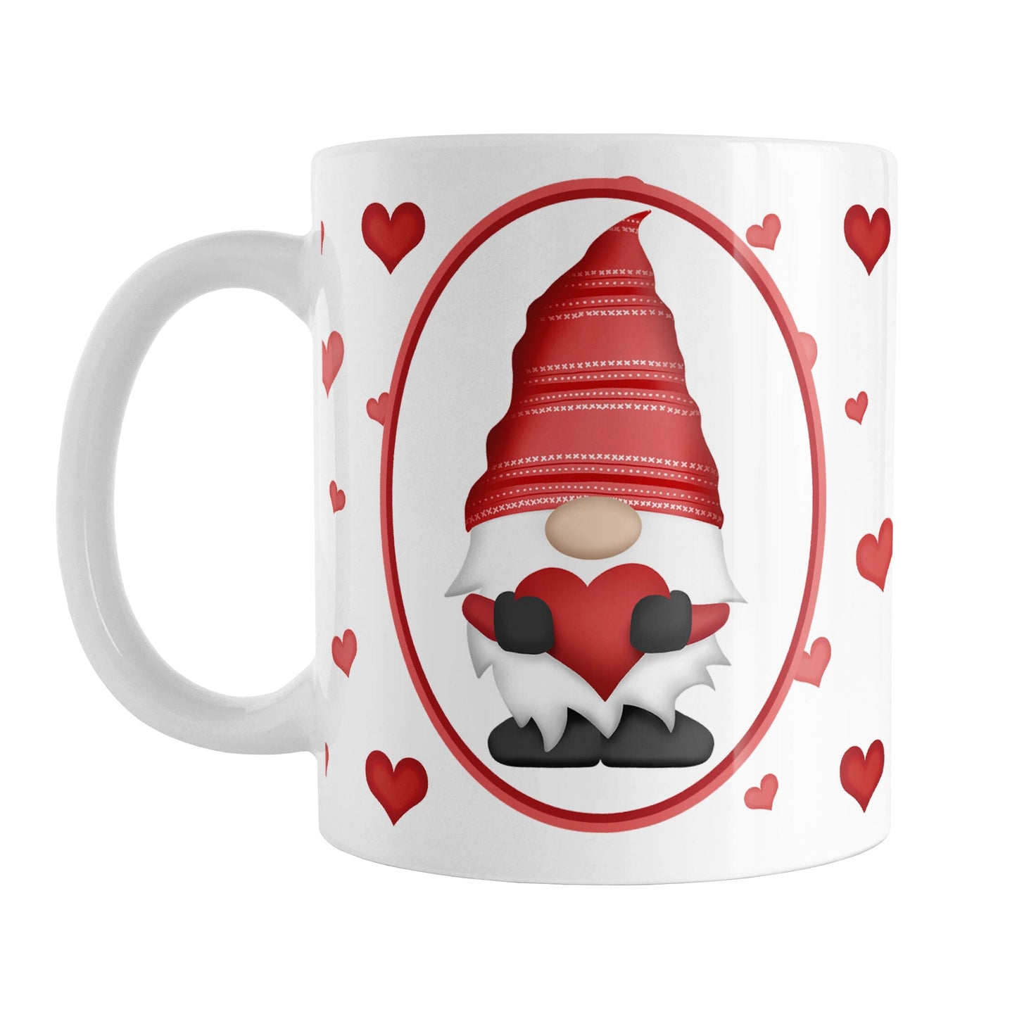Red Gnome Dainty Hearts Mug (11oz) at Amy's Coffee Mugs. A ceramic coffee mug designed with an adorable red gnome in a white oval on both sides of the mug over a pattern of cute dainty hearts in different shades of red that wrap around the mug to the handle.