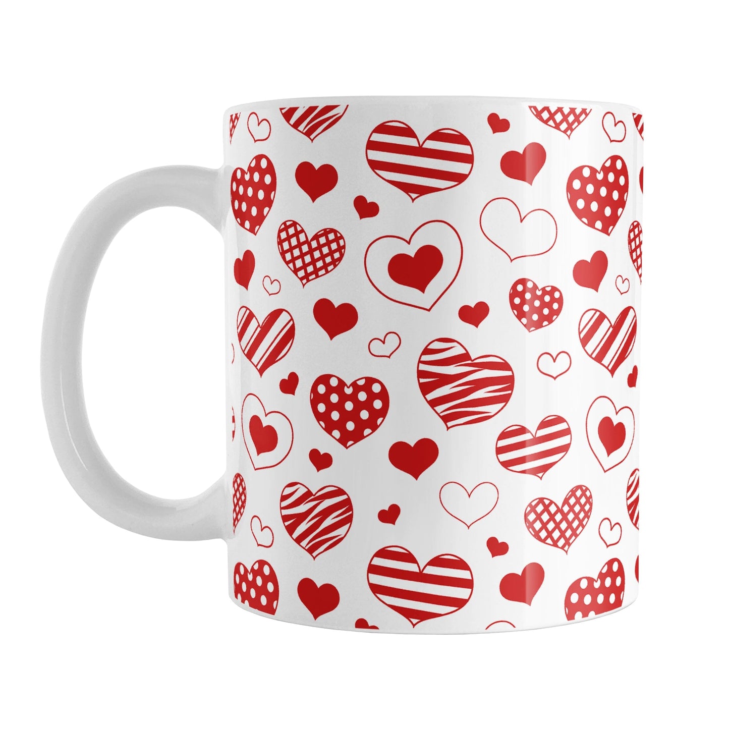 Red Heart Doodles Mug (11oz) at Amy's Coffee Mugs. A ceramic coffee mug designed with hand-drawn red heart doodles in a pattern that wraps around the mug up to the handle. This cute hearts pattern is perfect for Valentine's Day or for anyone who loves hearts and young-at-heart drawings.