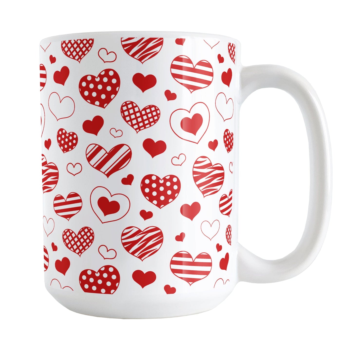 Red Heart Doodles Mug (15oz) at Amy's Coffee Mugs. A ceramic coffee mug designed with hand-drawn red heart doodles in a pattern that wraps around the mug up to the handle. This cute hearts pattern is perfect for Valentine's Day or for anyone who loves hearts and young-at-heart drawings.