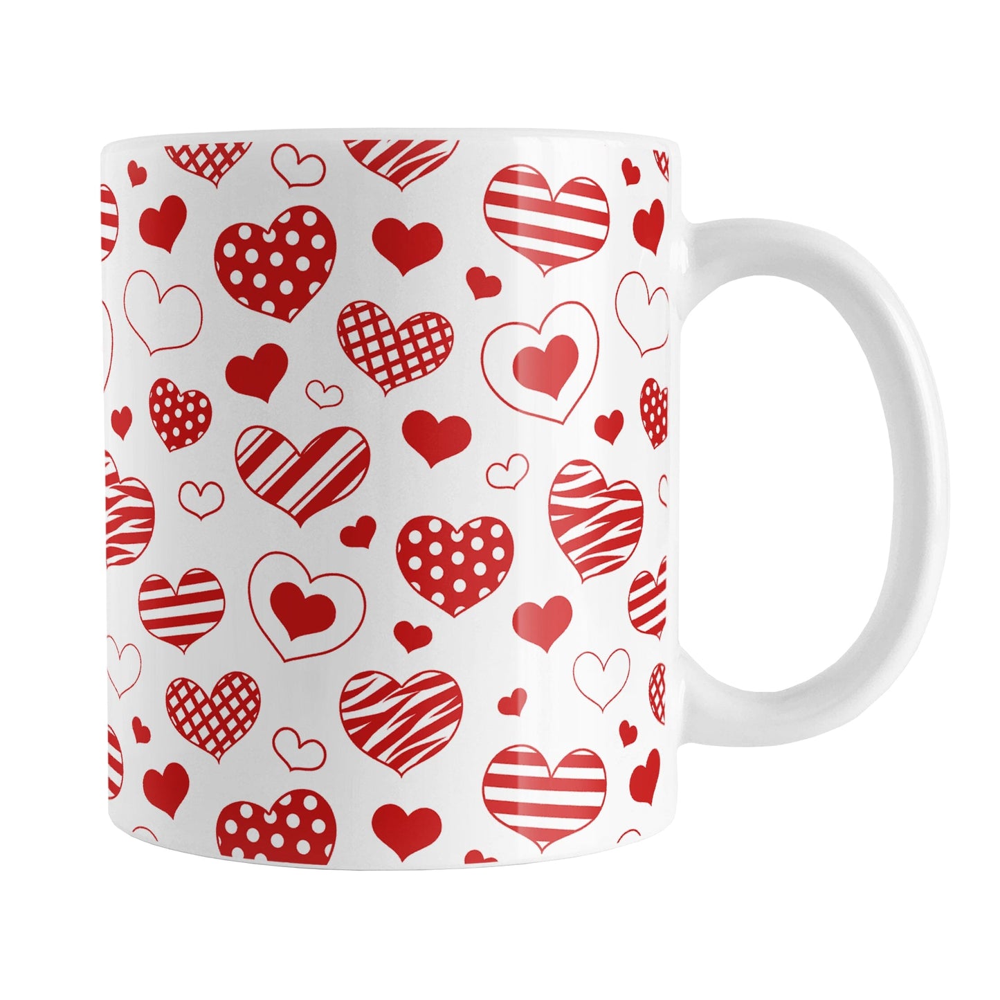Red Heart Doodles Mug (11oz) at Amy's Coffee Mugs. A ceramic coffee mug designed with hand-drawn red heart doodles in a pattern that wraps around the mug up to the handle. This cute hearts pattern is perfect for Valentine's Day or for anyone who loves hearts and young-at-heart drawings.