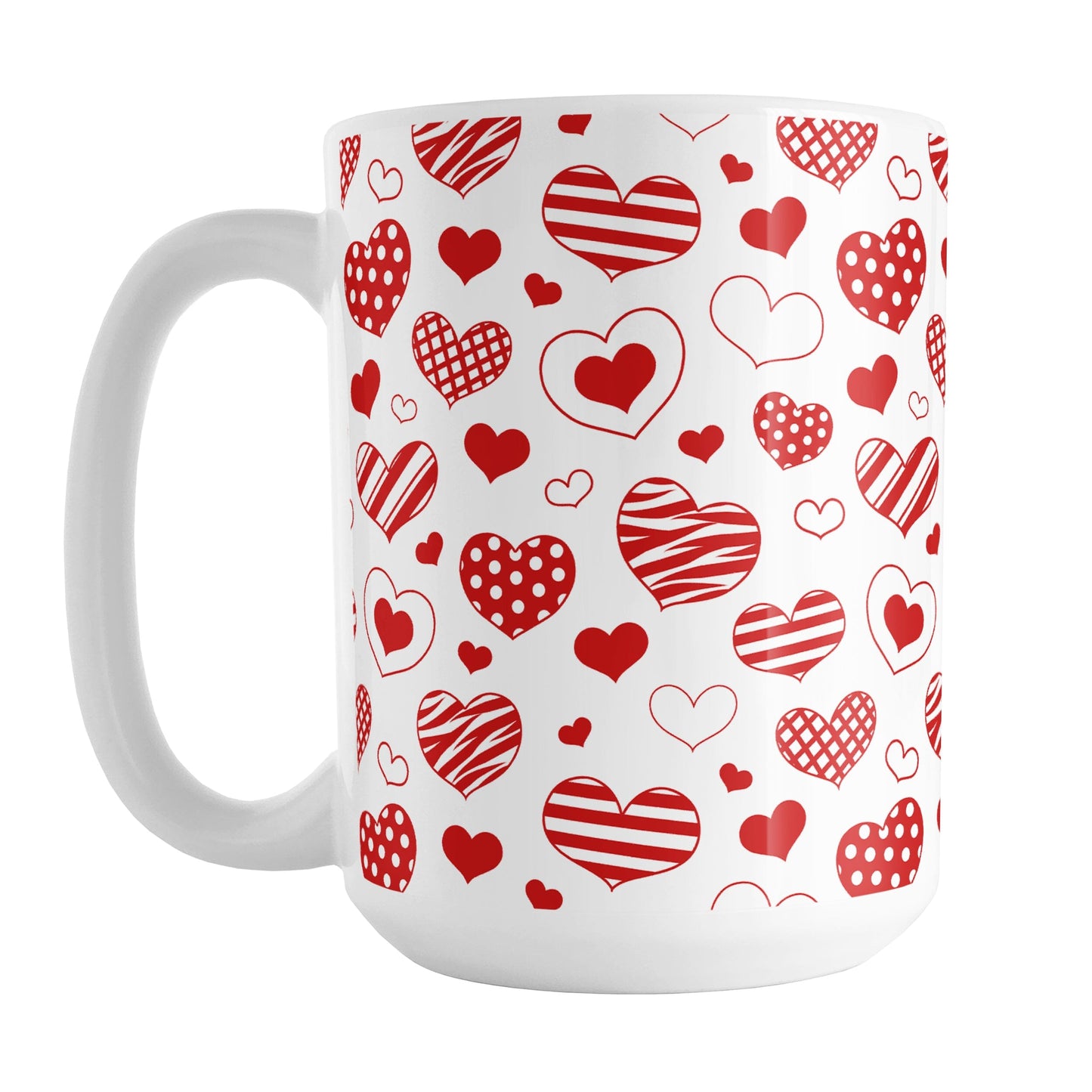 Red Heart Doodles Mug (15oz) at Amy's Coffee Mugs. A ceramic coffee mug designed with hand-drawn red heart doodles in a pattern that wraps around the mug up to the handle. This cute hearts pattern is perfect for Valentine's Day or for anyone who loves hearts and young-at-heart drawings.