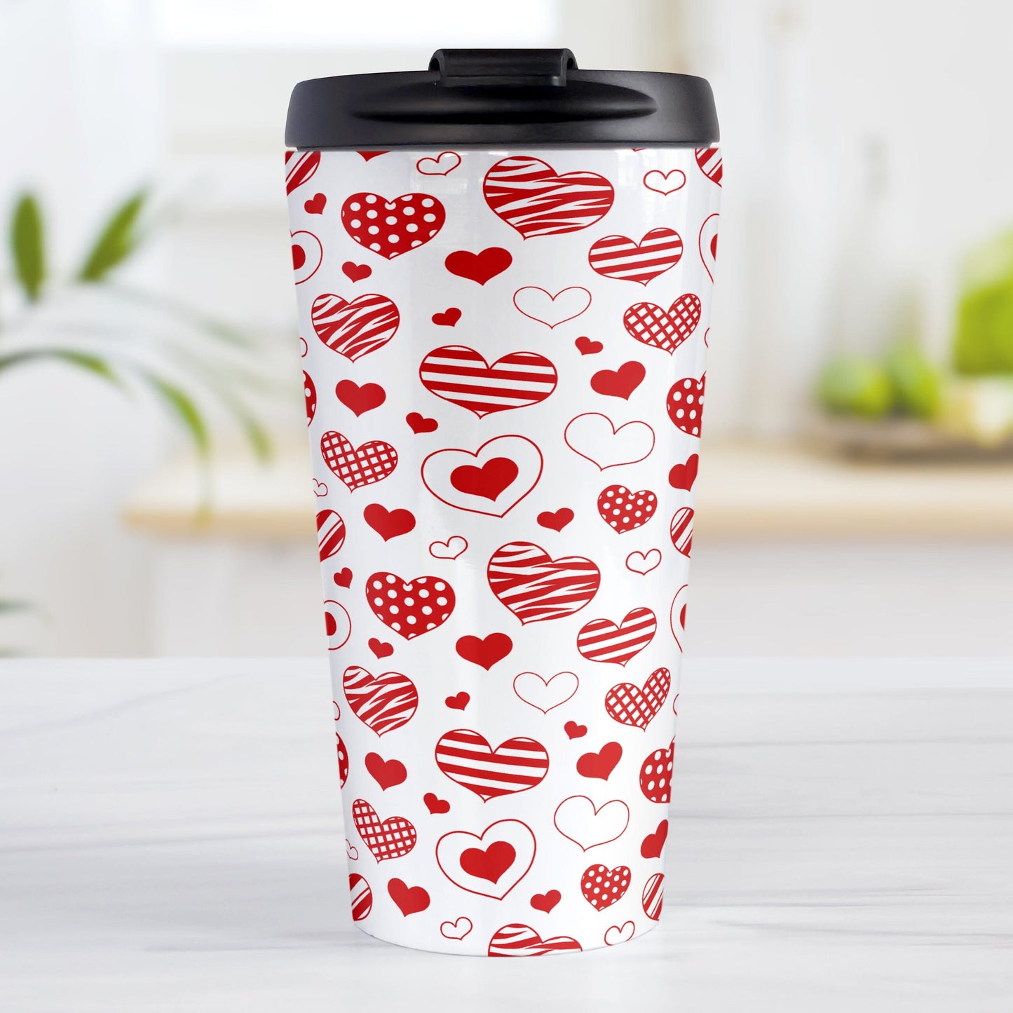 Red Heart Doodles Travel Mug (15oz) at Amy's Coffee Mugs. A stainless steel travel mug designed with hand-drawn red heart doodles in a pattern that wraps around the travel mug. This cute heart pattern is perfect for Valentine's Day or for anyone who loves hearts and young-at-heart drawings.