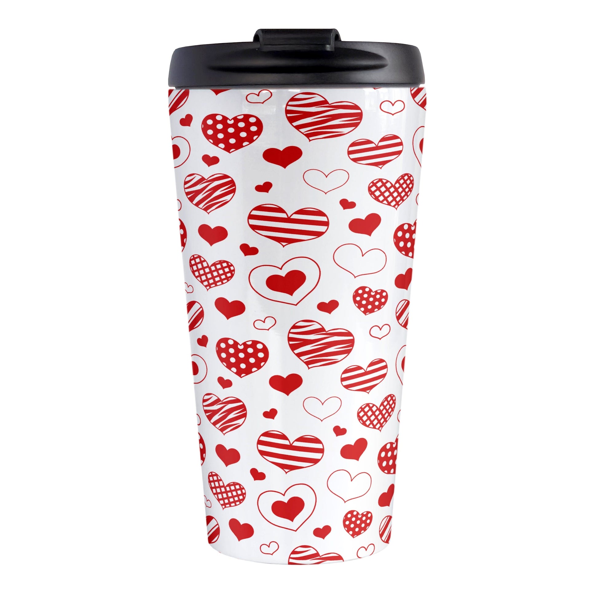 Red Heart Doodles Travel Mug (15oz) at Amy's Coffee Mugs. A stainless steel travel mug designed with hand-drawn red heart doodles in a pattern that wraps around the travel mug. This cute heart pattern is perfect for Valentine's Day or for anyone who loves hearts and young-at-heart drawings.
