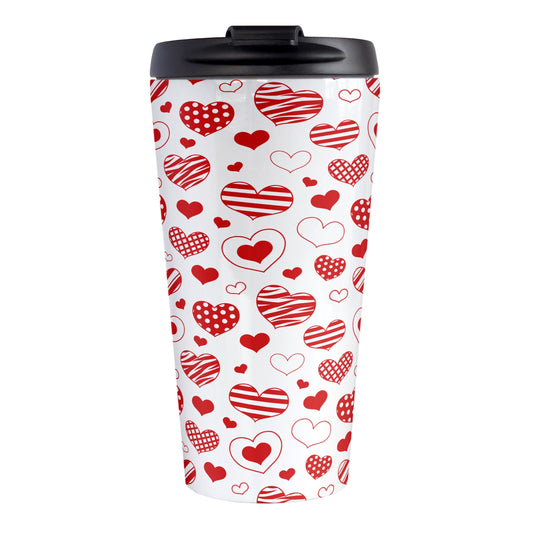 Red Heart Doodles Travel Mug (15oz) at Amy's Coffee Mugs. A stainless steel travel mug designed with hand-drawn red heart doodles in a pattern that wraps around the travel mug. This cute heart pattern is perfect for Valentine's Day or for anyone who loves hearts and young-at-heart drawings.