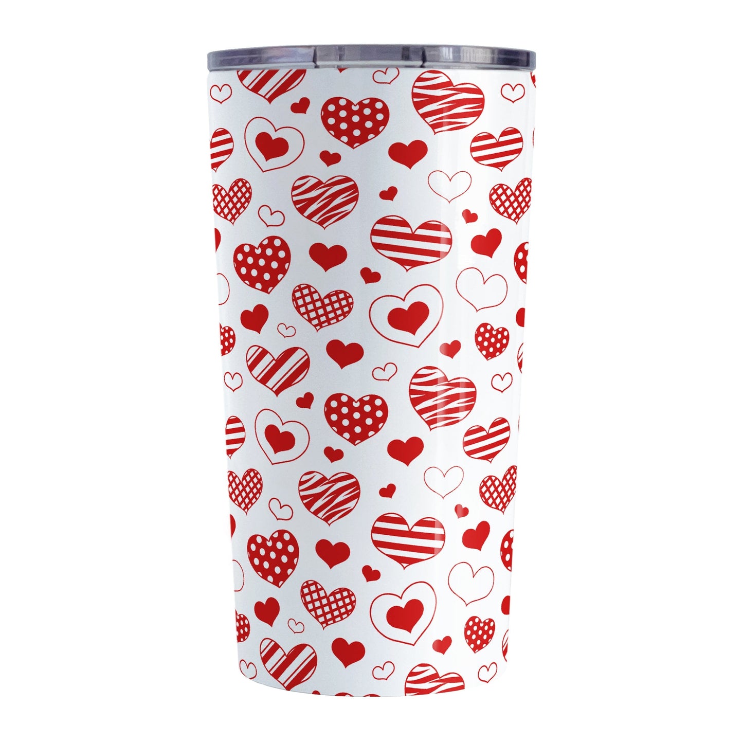 Red Heart Doodles Tumbler Cup (20oz) at Amy's Coffee Mugs. A stainless steel tumbler cup designed with hand-drawn red heart doodles in a pattern that wraps around the cup. This cute heart pattern is perfect for Valentine's Day or for anyone who loves hearts and young-at-heart drawings.