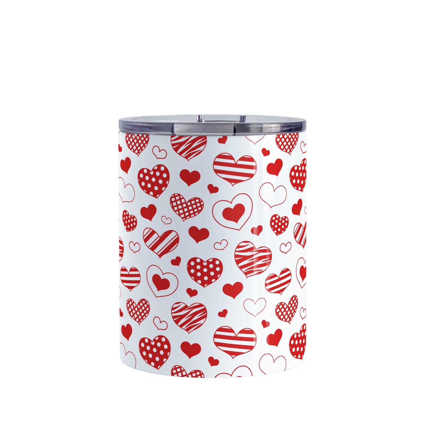 Red Heart Doodles Tumbler Cup (10oz) at Amy's Coffee Mugs. A stainless steel tumbler cup designed with hand-drawn red heart doodles in a pattern that wraps around the cup. This cute heart pattern is perfect for Valentine's Day or for anyone who loves hearts and young-at-heart drawings.