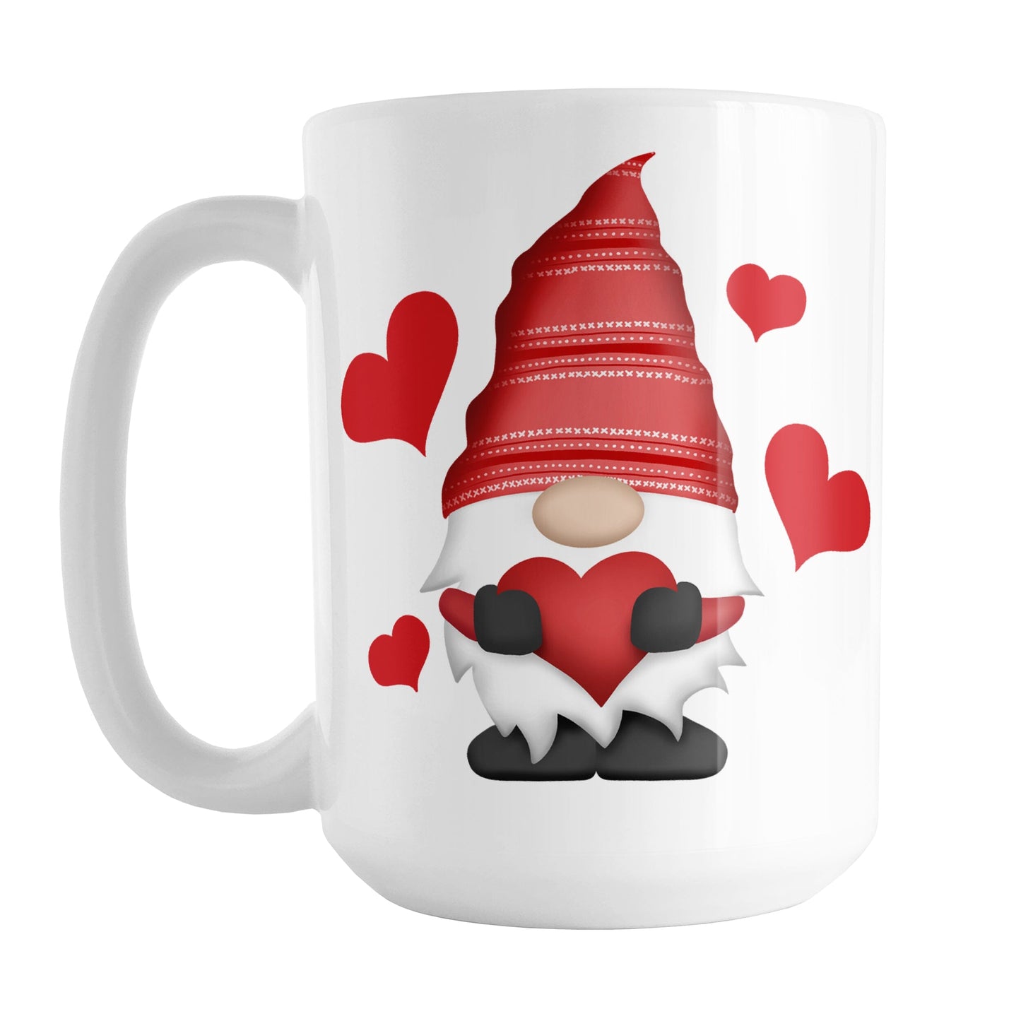 Red Heart Gnome Mug (15oz) at Amy's Coffee Mugs. A ceramic coffee mug designed with an adorable gnome wearing a festive red hat and holding a large red heart. Around the cute gnome are bold red hearts. This loving gnome illustration is on both sides of the mug.