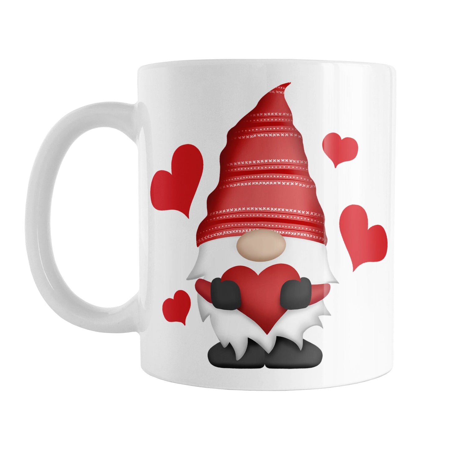 Red Heart Gnome Mug (11oz) at Amy's Coffee Mugs. A ceramic coffee mug designed with an adorable gnome wearing a festive red hat and holding a large red heart. Around the cute gnome are bold red hearts. This loving gnome illustration is on both sides of the mug.