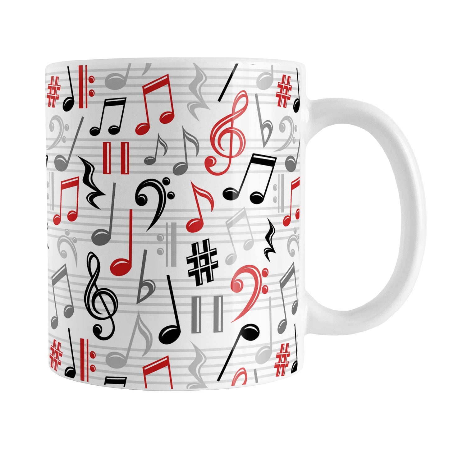 Red Music Notes Pattern Mug (11oz) at Amy's Coffee Mugs. A ceramic coffee mug designed with music notes and symbols in red, black, and gray in a pattern that wraps around the mug to the handle.