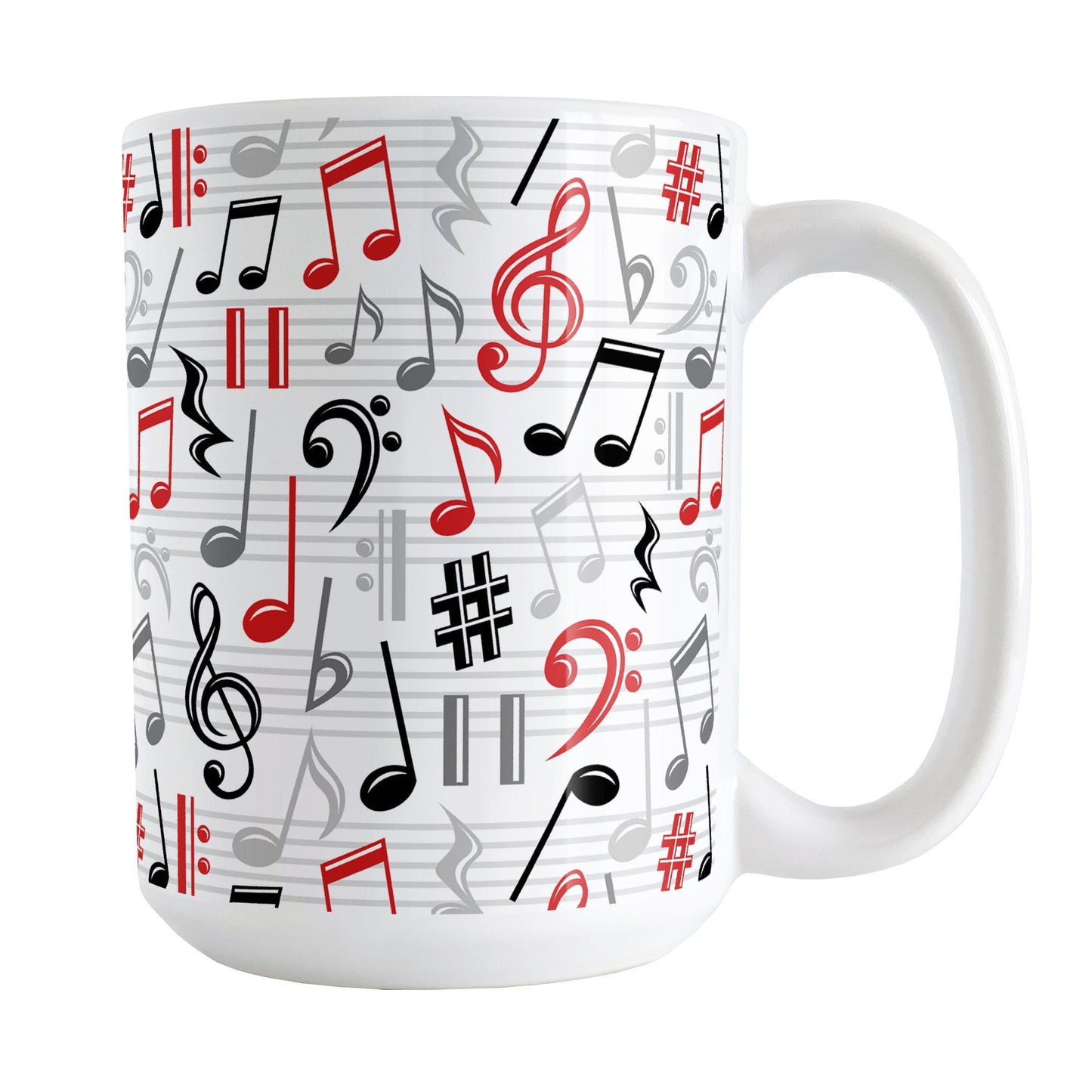Red Music Notes Pattern Mug (15oz) at Amy's Coffee Mugs. A ceramic coffee mug designed with music notes and symbols in red, black, and gray in a pattern that wraps around the mug to the handle.