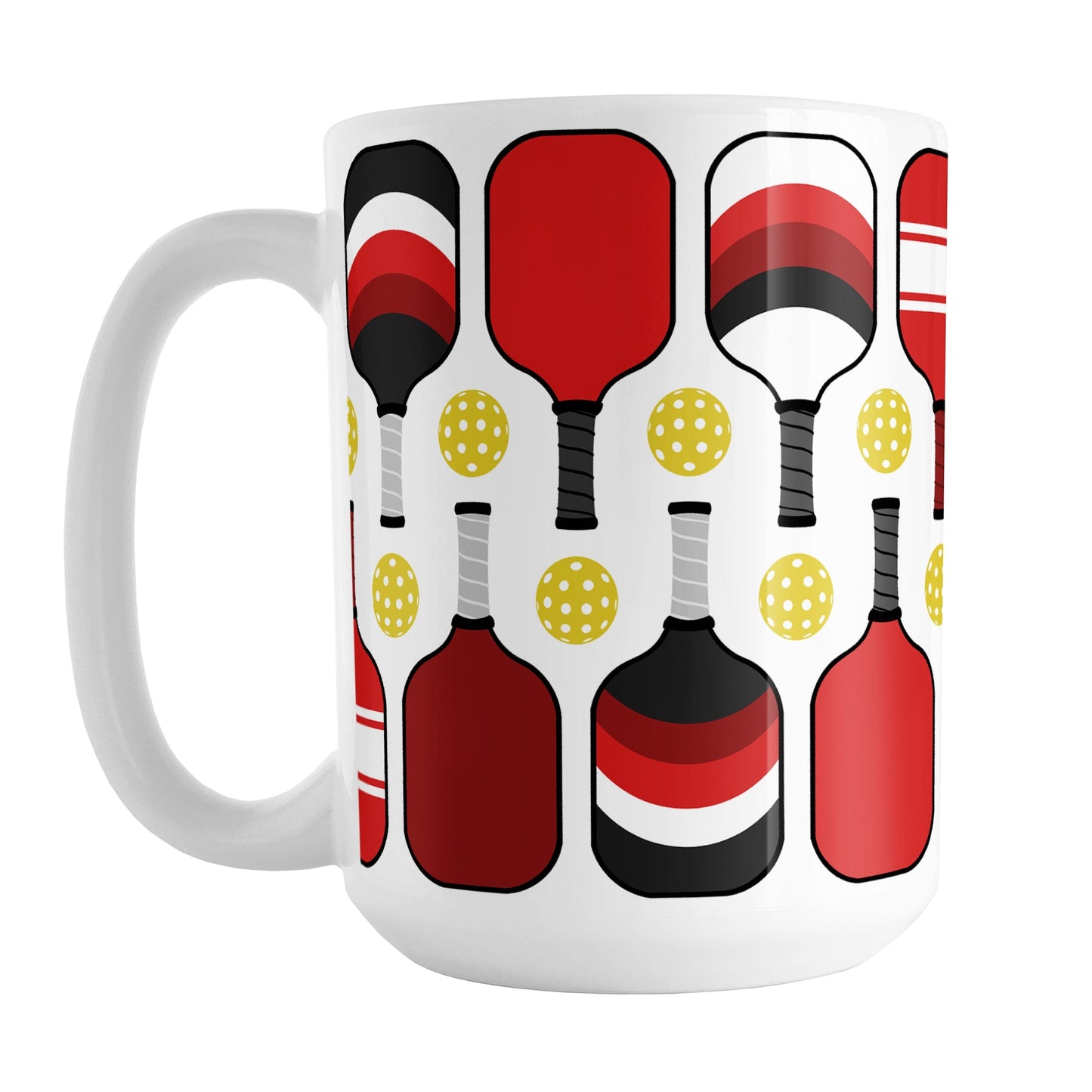 Red Pickleball Mug (15oz) at Amy's Coffee Mugs. A ceramic coffee mug designed with modern red pickleball paddles and yellow balls in a pattern that wraps around the mug up to the handle.