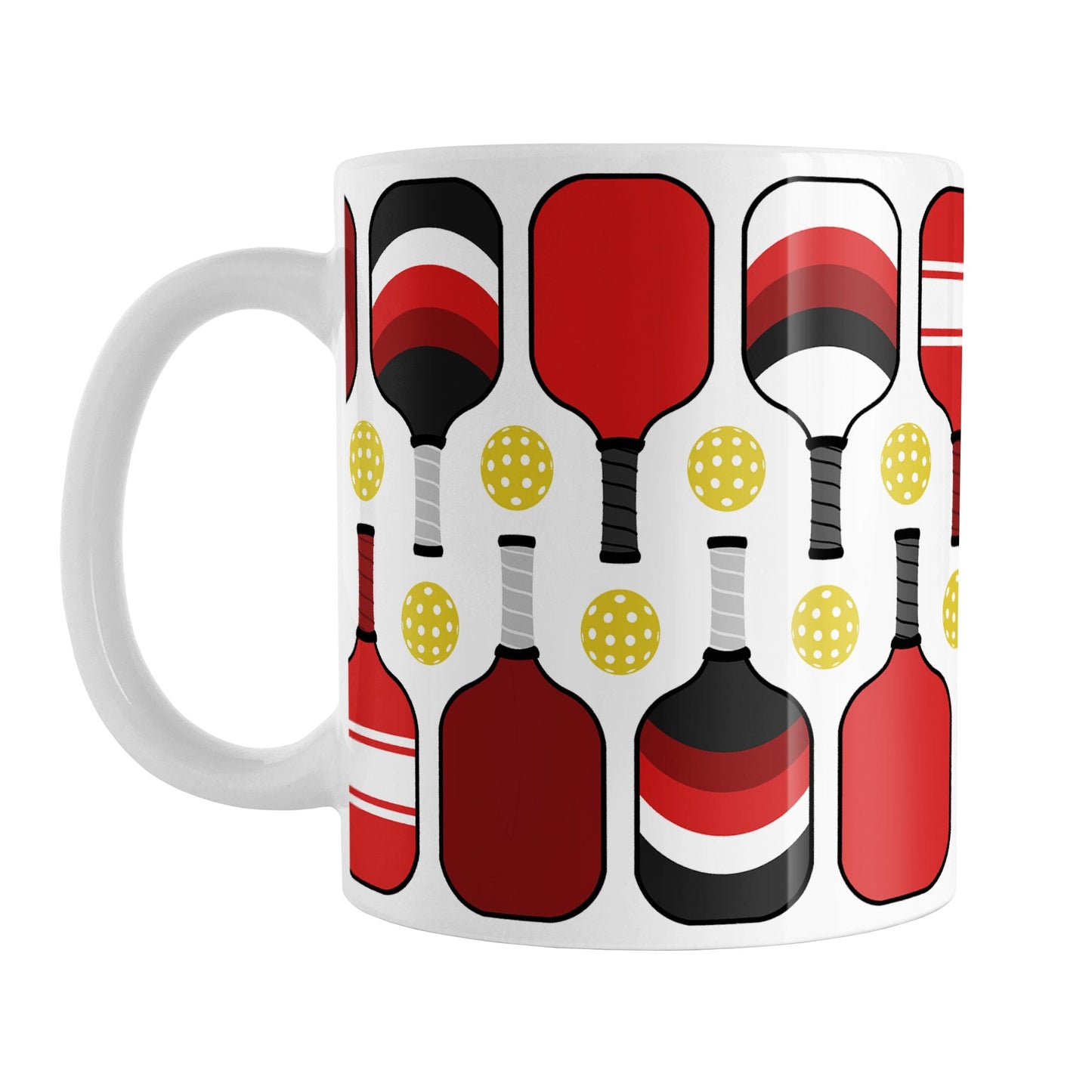 Red Pickleball Mug (11oz) at Amy's Coffee Mugs. A ceramic coffee mug designed with modern red pickleball paddles and yellow balls in a pattern that wraps around the mug up to the handle.