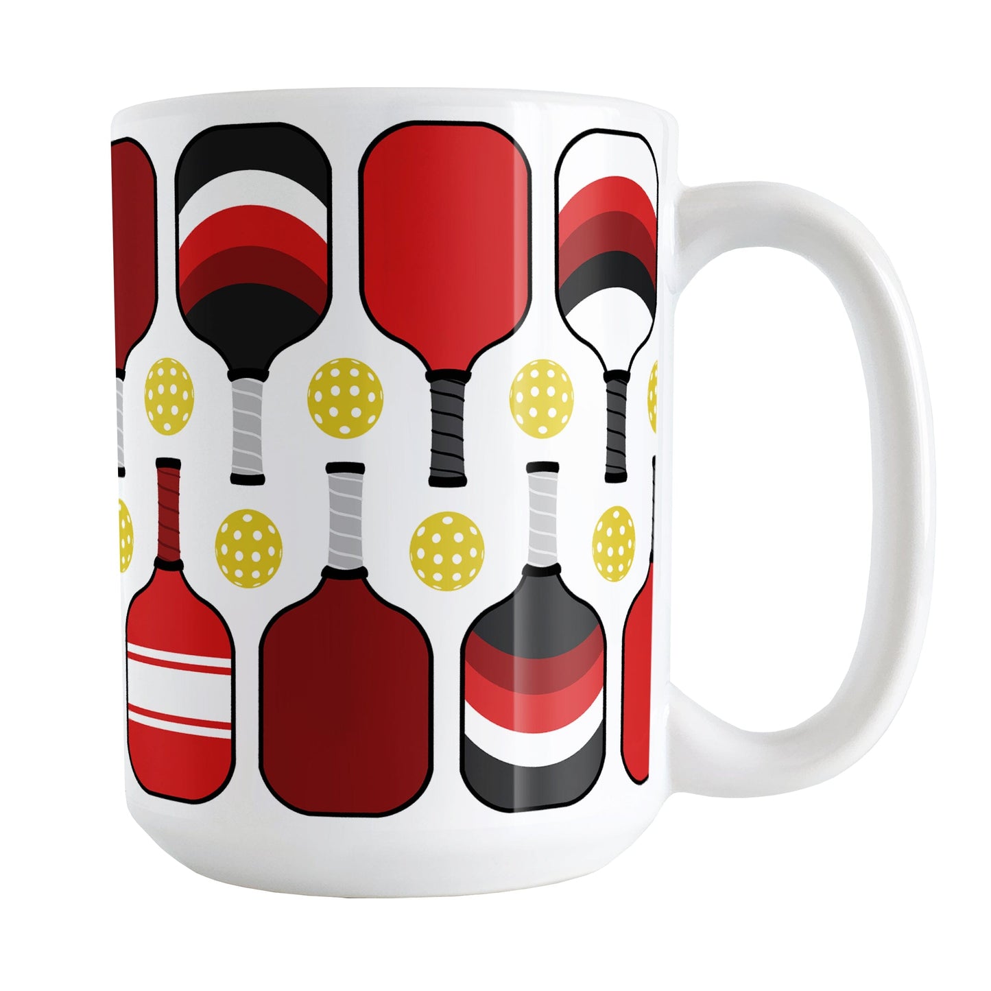 Red Pickleball Mug (15oz) at Amy's Coffee Mugs. A ceramic coffee mug designed with modern red pickleball paddles and yellow balls in a pattern that wraps around the mug up to the handle.