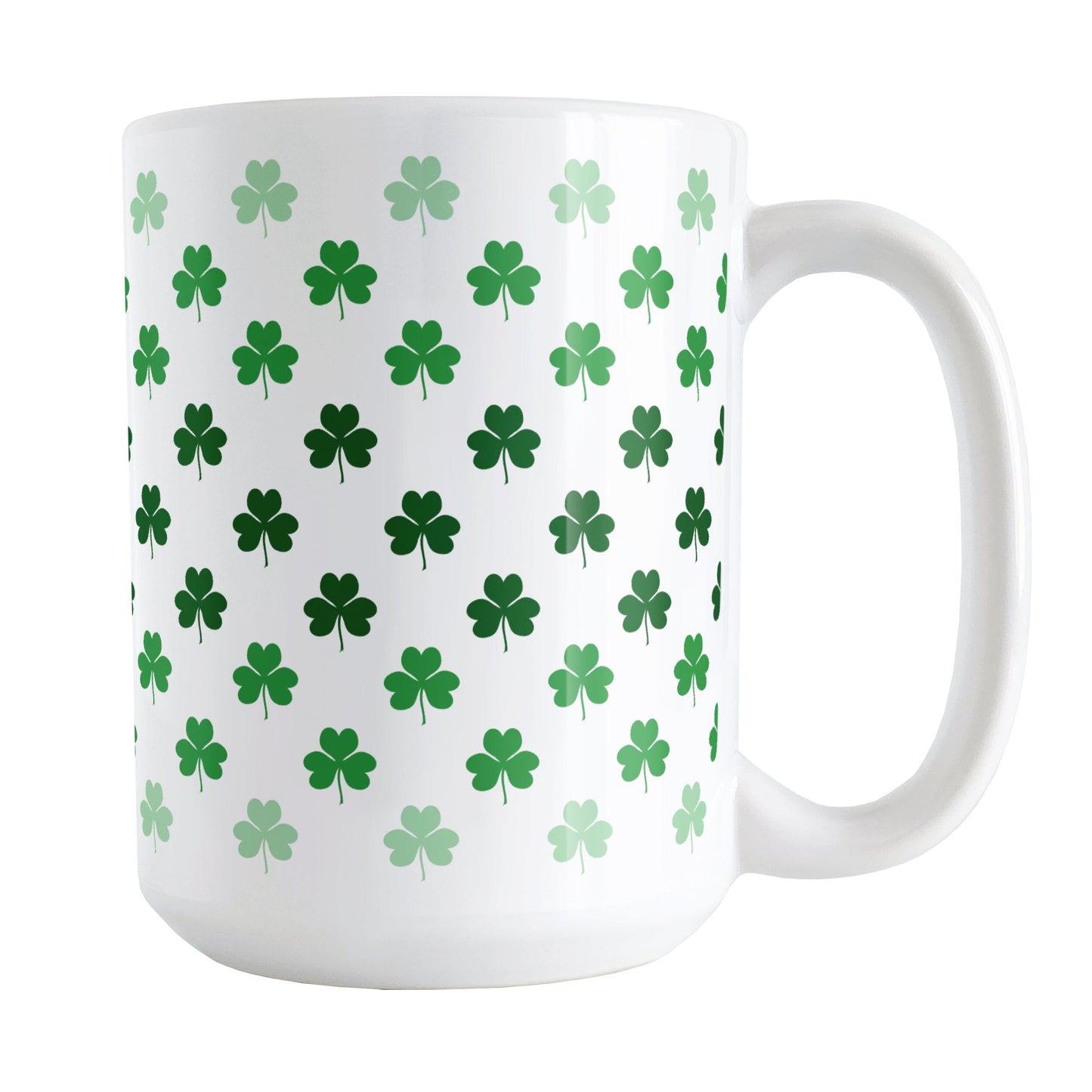 Shamrocks in Green Mug (15oz) at Amy's Coffee Mugs. A ceramic coffee mug designed with shamrocks (or clovers) in different shades of green, with the darker green color across the middle and the lighter green along the top and bottom, in a pattern that wraps around the mug to the handle.