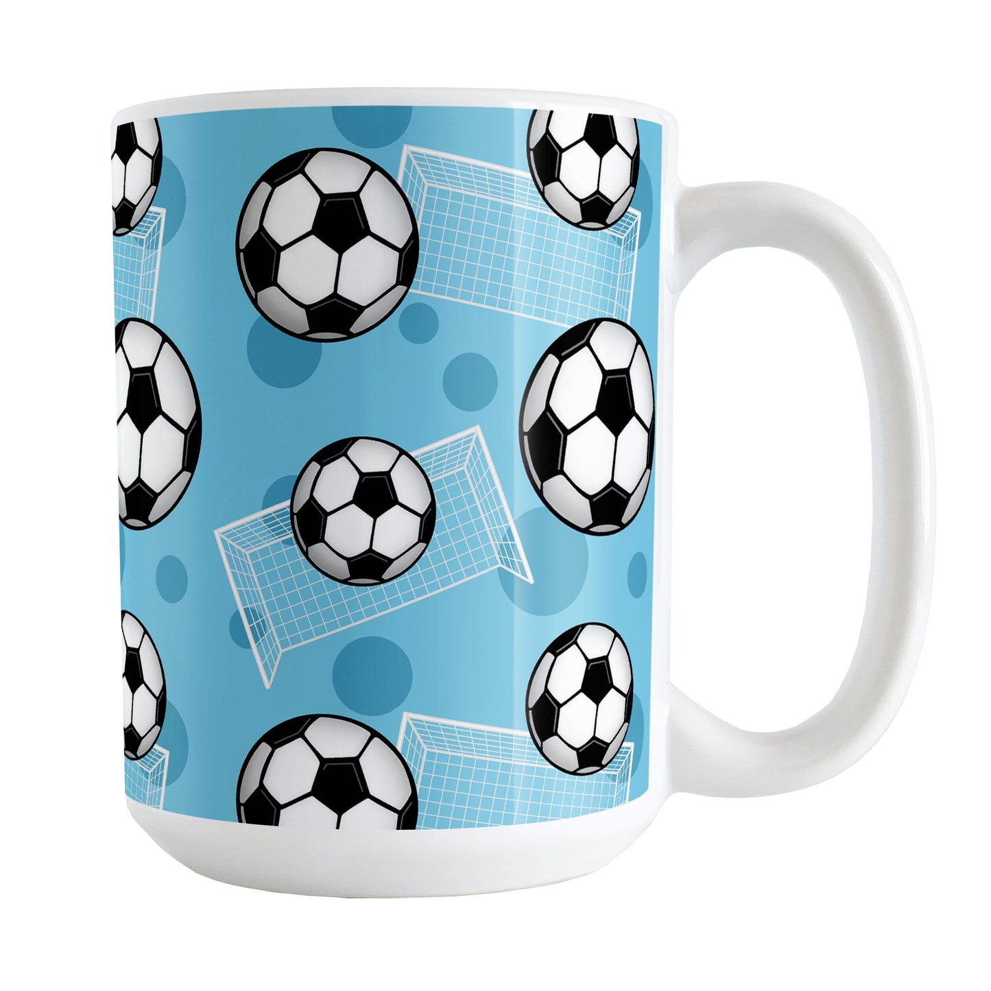Soccer Ball and Goal Pattern Blue Mug (15oz) at Amy's Coffee Mugs. A ceramic coffee mug designed with a pattern of soccer balls and soccer goals over a blue background color with blue circles.