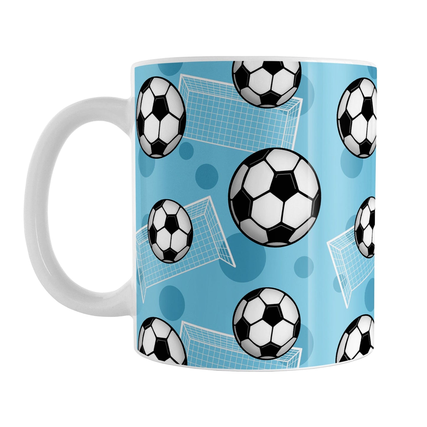 Soccer Ball and Goal Pattern Blue Mug (11oz) at Amy's Coffee Mugs. A ceramic coffee mug designed with a pattern of soccer balls and soccer goals over a blue background color with blue circles.