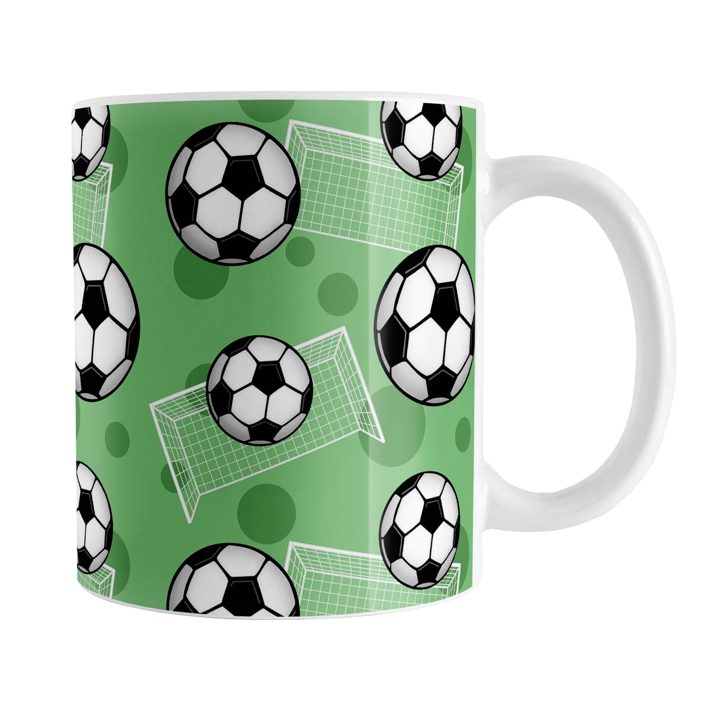 Soccer Ball and Goal Pattern Green Mug (11oz) at Amy's Coffee Mugs. A ceramic coffee mug designed with a pattern of soccer balls and soccer goals over a green background color with green circles.