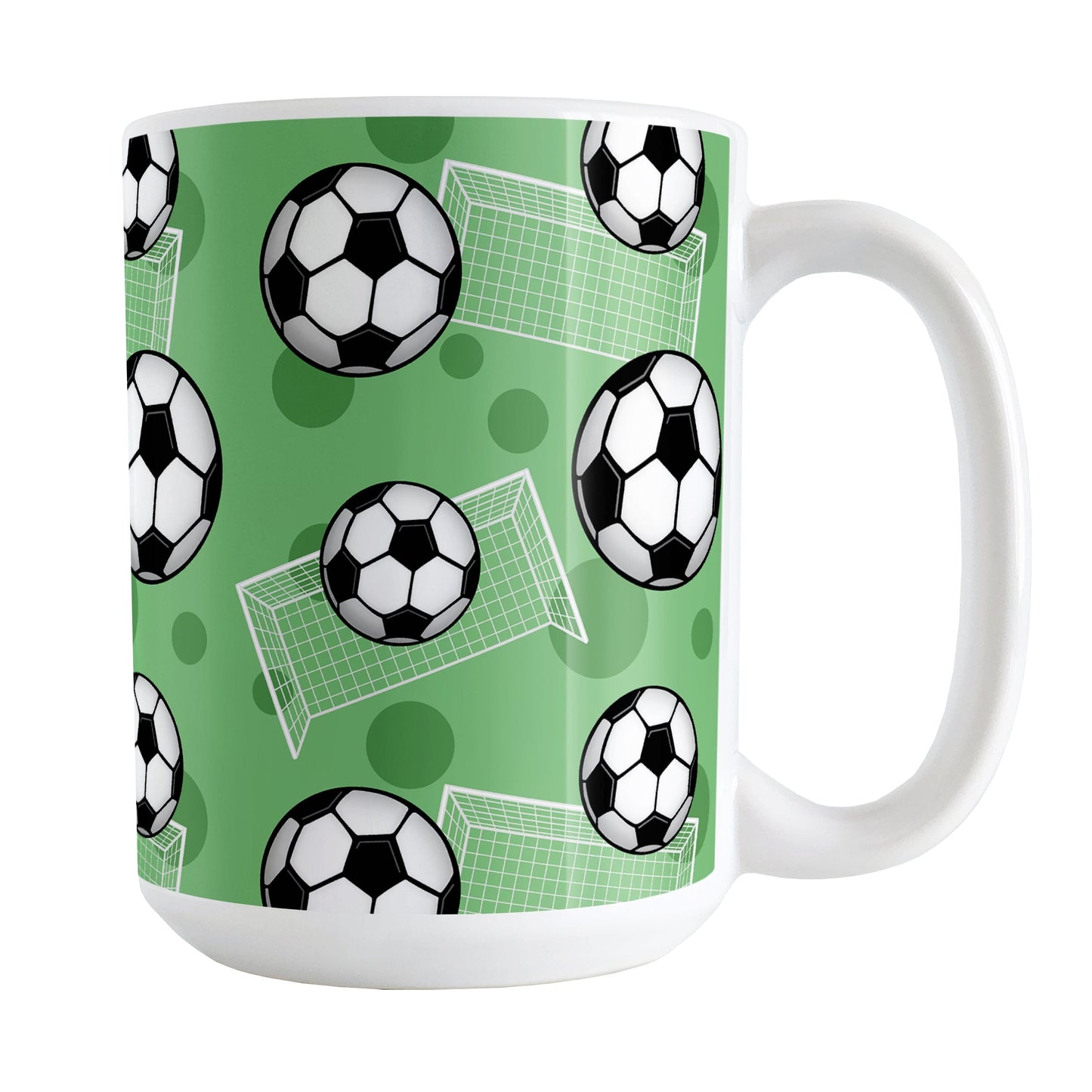Soccer Ball and Goal Pattern Green Mug (15oz) at Amy's Coffee Mugs. A ceramic coffee mug designed with a pattern of soccer balls and soccer goals over a green background color with green circles.
