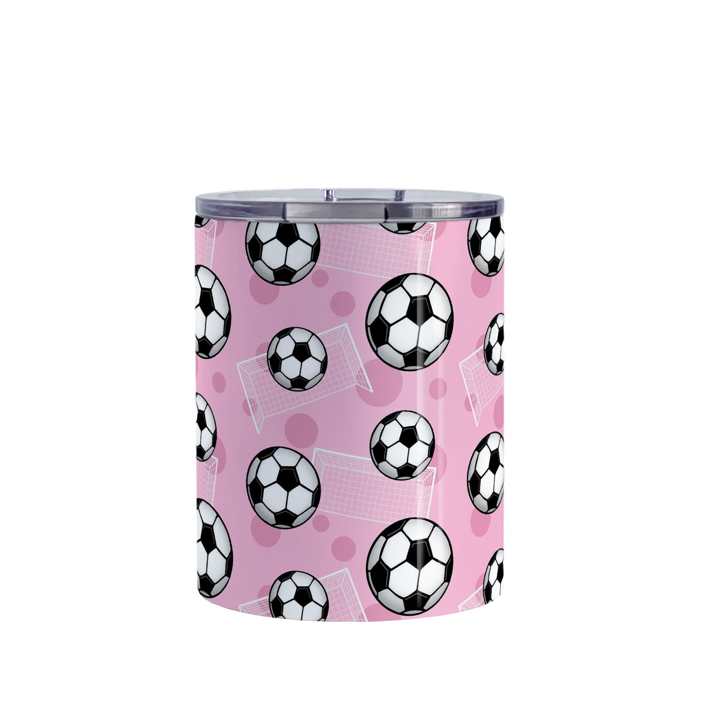 Soccer Ball and Goal Pattern Pink Tumbler Cup (10oz) at Amy's Coffee Mugs. A stainless steel insulated tumbler cup designed with a pattern of soccer balls and goals over a pink background that wraps around the cup. This pink soccer tumbler cup is perfect for people who love or play soccer.
