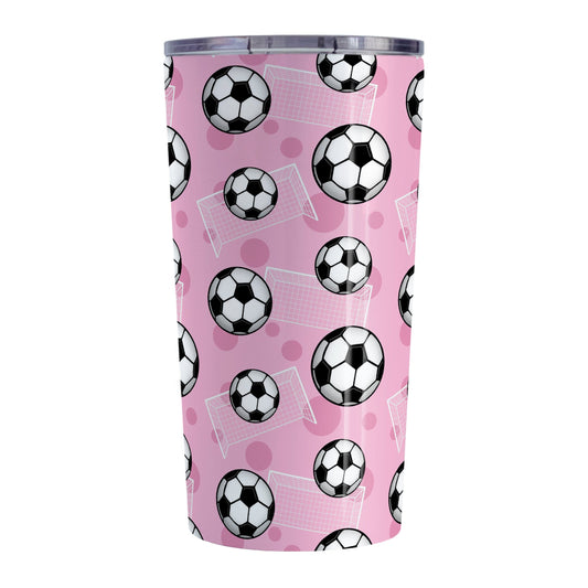 Soccer Ball and Goal Pattern Pink Tumbler Cup (20oz) at Amy's Coffee Mugs. A stainless steel insulated tumbler cup designed with a pattern of soccer balls and goals over a pink background that wraps around the cup. This pink soccer tumbler cup is perfect for people who love or play soccer.