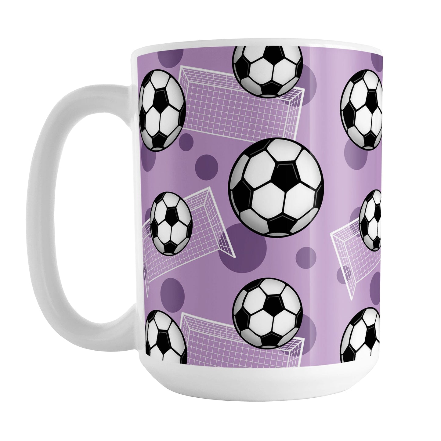 Soccer Ball and Goal Pattern Purple Mug (15oz) at Amy's Coffee Mugs. A ceramic coffee mug designed with a pattern of soccer balls and white soccer goals over a purple background with purple circles.