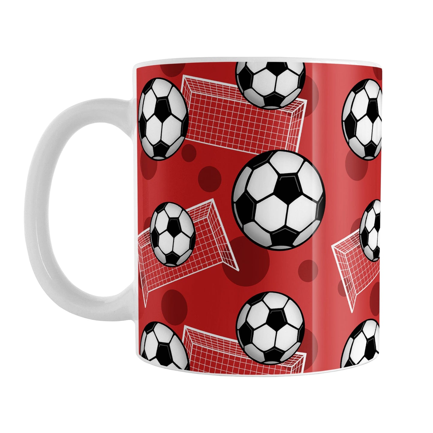 Soccer Ball and Goal Pattern Red Mug (11oz) at Amy's Coffee Mugs. A ceramic coffee mug designed with a pattern of soccer balls and white soccer goals over a red background with red circles.