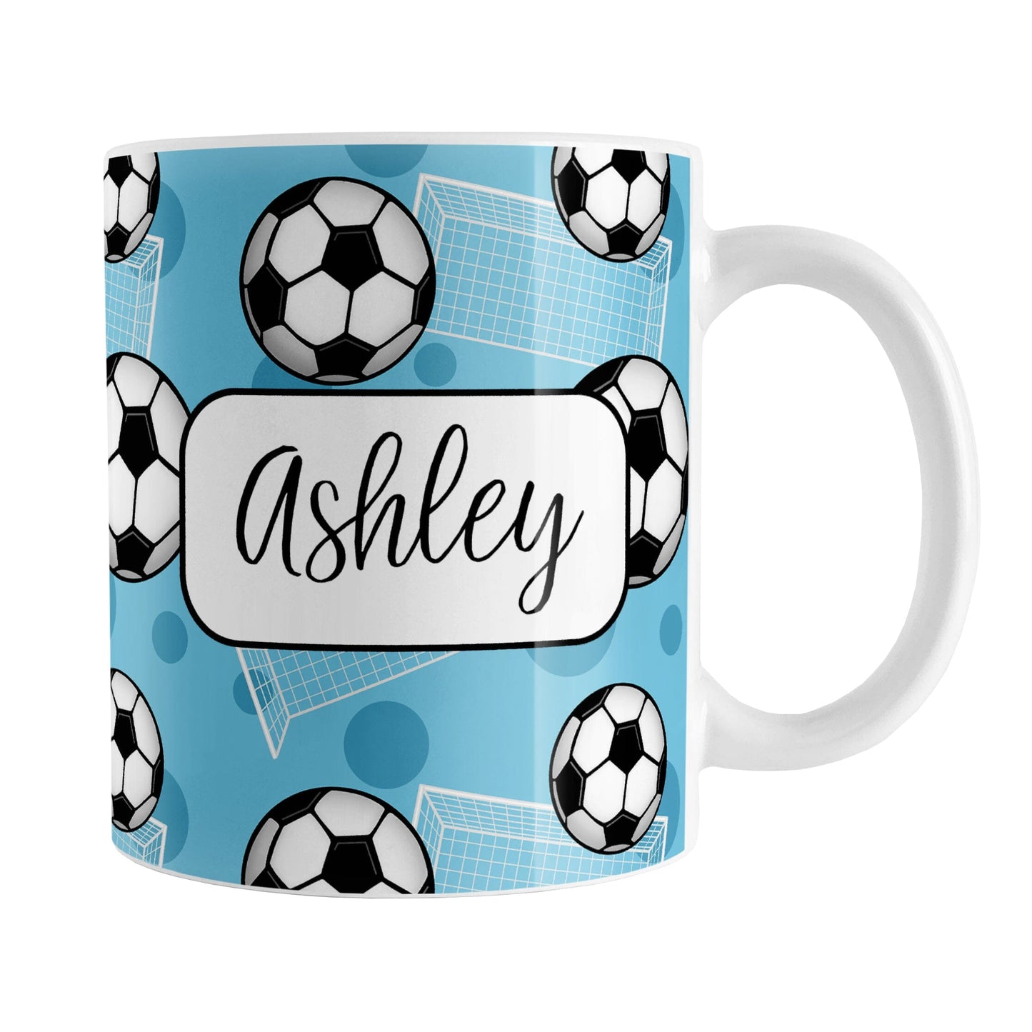 Soccer Ball and Goal Personalized Blue Soccer Mug (11oz) at Amy's Coffee Mugs. A ceramic coffee mug designed with a pattern of soccer balls and white soccer goals over a blue background with blue circles. Your personalized name is custom-printed in a fun black script font on both sides of the mug over the soccer pattern.