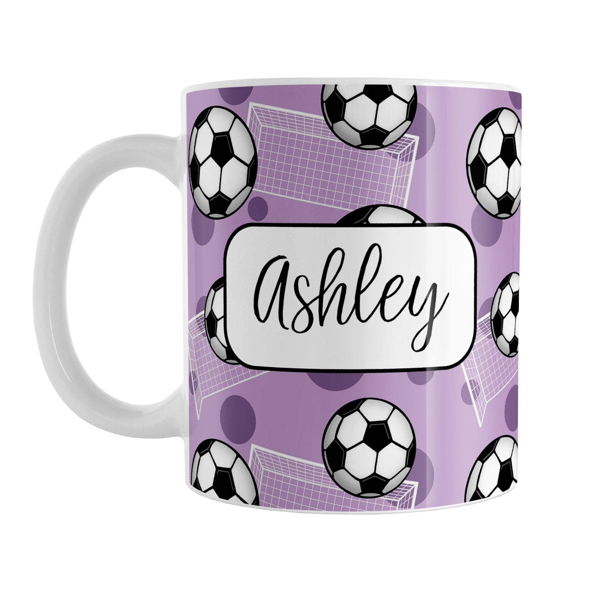 Soccer Ball and Goal Personalized Purple Soccer Mug (11oz) at Amy's Coffee Mugs. A ceramic coffee mug designed with a pattern of soccer balls and white soccer goals over a purple background with purple circles. Your personalized name is custom-printed in a fun black script font on both sides of the mug over the soccer pattern.