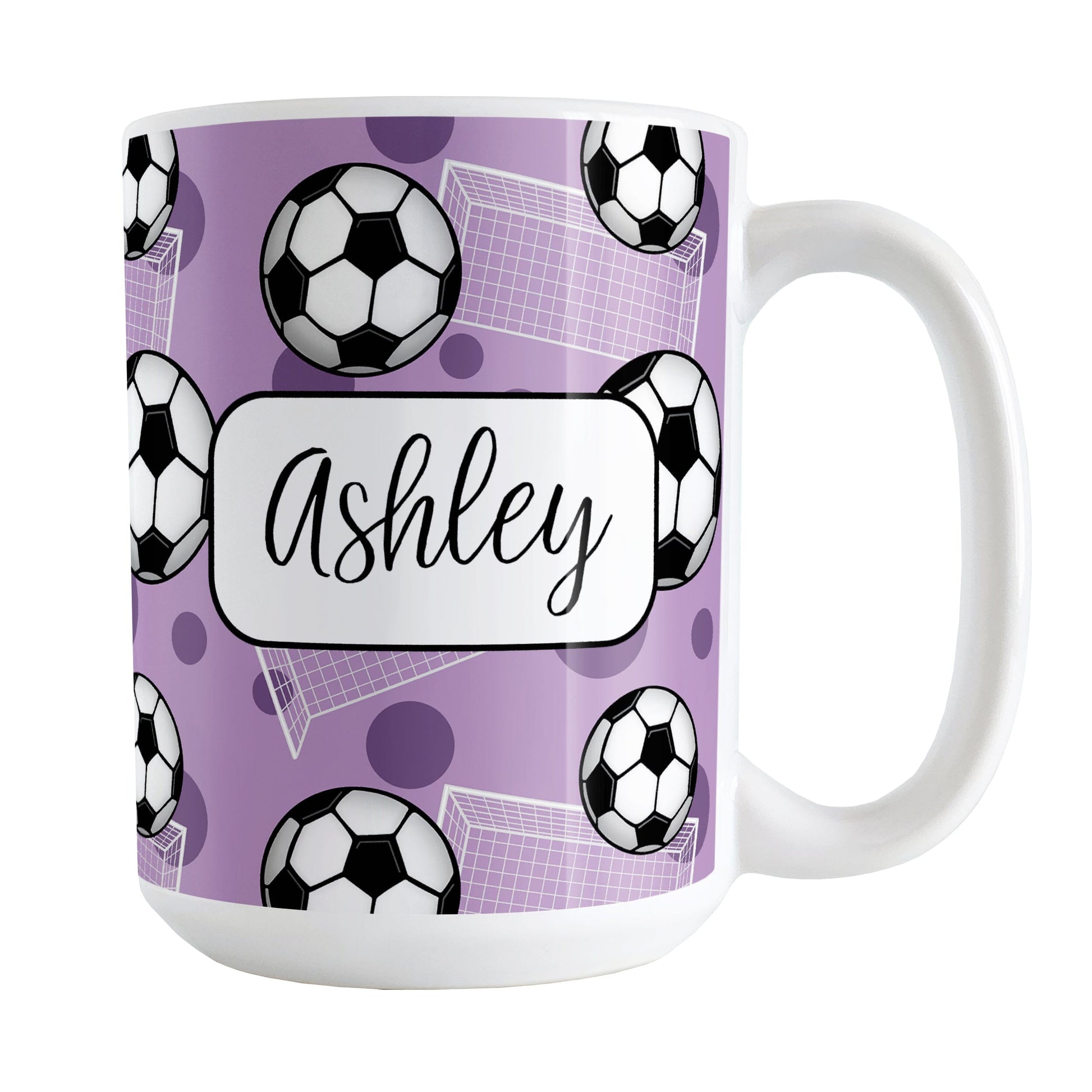 Soccer Ball and Goal Personalized Purple Soccer Mug (15oz) at Amy's Coffee Mugs. A ceramic coffee mug designed with a pattern of soccer balls and white soccer goals over a purple background with purple circles. Your personalized name is custom-printed in a fun black script font on both sides of the mug over the soccer pattern.