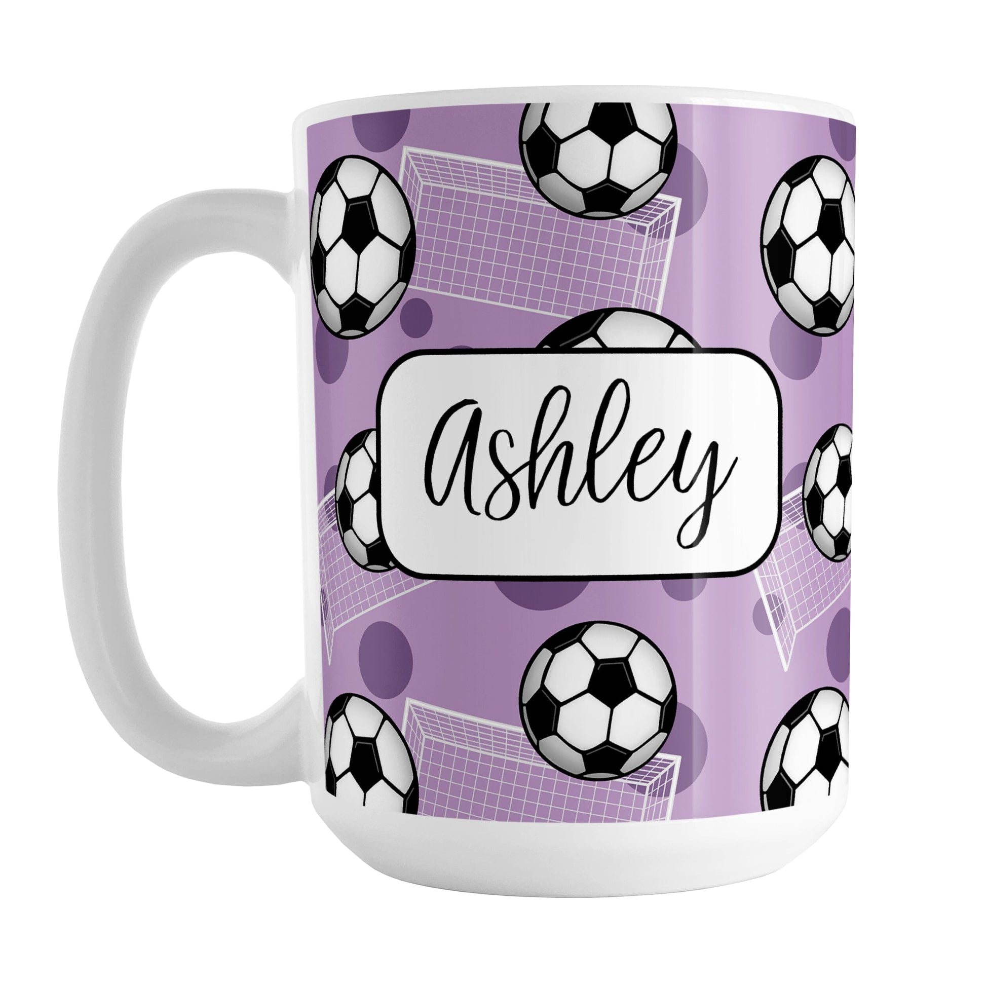 Soccer Ball and Goal Personalized Purple Soccer Mug (15oz) at Amy's Coffee Mugs. A ceramic coffee mug designed with a pattern of soccer balls and white soccer goals over a purple background with purple circles. Your personalized name is custom-printed in a fun black script font on both sides of the mug over the soccer pattern.