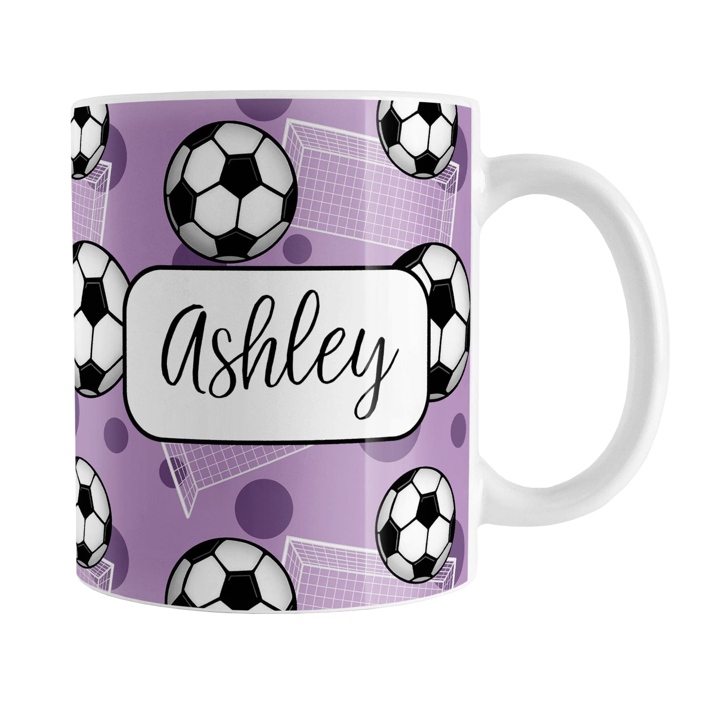Soccer Ball and Goal Personalized Purple Soccer Mug (11oz) at Amy's Coffee Mugs. A ceramic coffee mug designed with a pattern of soccer balls and white soccer goals over a purple background with purple circles. Your personalized name is custom-printed in a fun black script font on both sides of the mug over the soccer pattern.