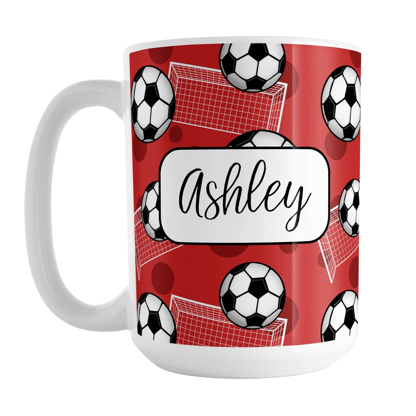 Soccer Ball and Goal Personalized Red Soccer Mug (15oz) at Amy's Coffee Mugs. A ceramic coffee mug designed with a pattern of soccer balls and white soccer goals over a red background with red circles. Your personalized name is custom-printed in a fun black script font on both sides of the mug over the soccer pattern.
