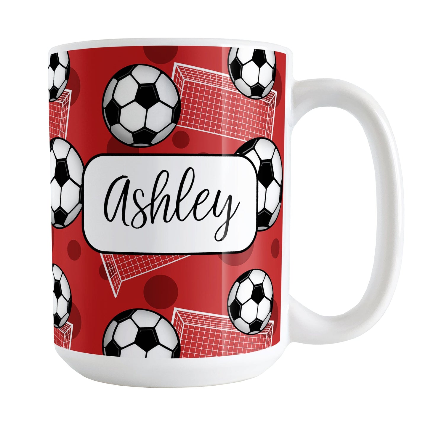 Soccer Ball and Goal Personalized Red Soccer Mug (15oz) at Amy's Coffee Mugs. A ceramic coffee mug designed with a pattern of soccer balls and white soccer goals over a red background with red circles. Your personalized name is custom-printed in a fun black script font on both sides of the mug over the soccer pattern.