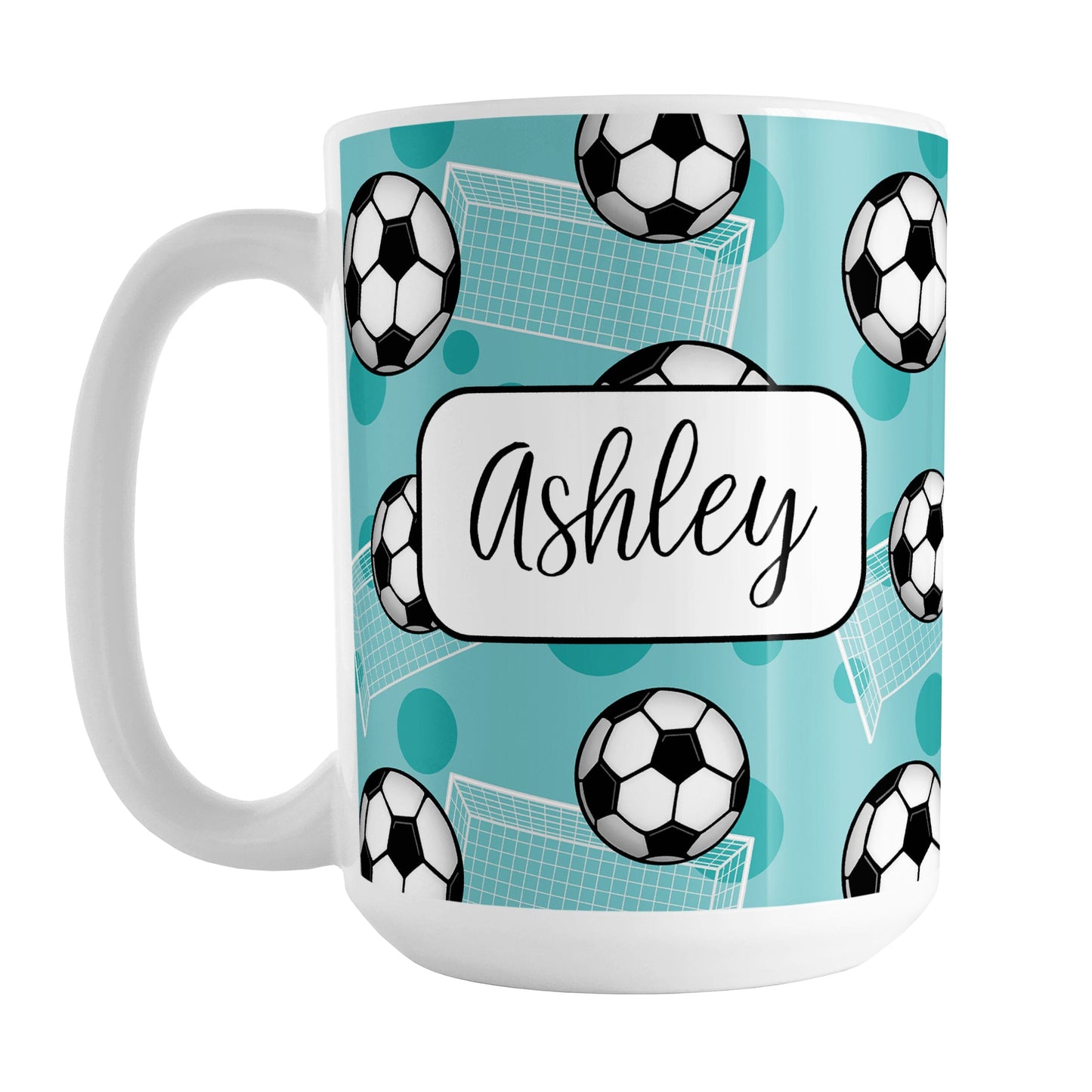Soccer Ball and Goal Personalized Teal Soccer Mug (15oz) at Amy's Coffee Mugs. A ceramic coffee mug designed with a pattern of soccer balls and white soccer goals over a teal background with teal circles. Your personalized name is custom-printed in a fun black script font on both sides of the mug over the soccer pattern.