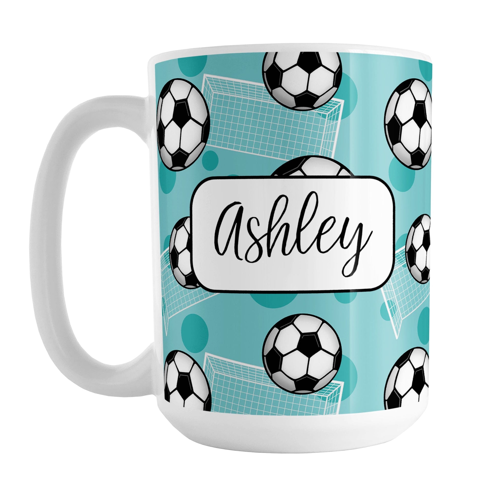 Soccer Ball and Goal Personalized Teal Soccer Mug (15oz) at Amy's Coffee Mugs. A ceramic coffee mug designed with a pattern of soccer balls and white soccer goals over a teal background with teal circles. Your personalized name is custom-printed in a fun black script font on both sides of the mug over the soccer pattern.