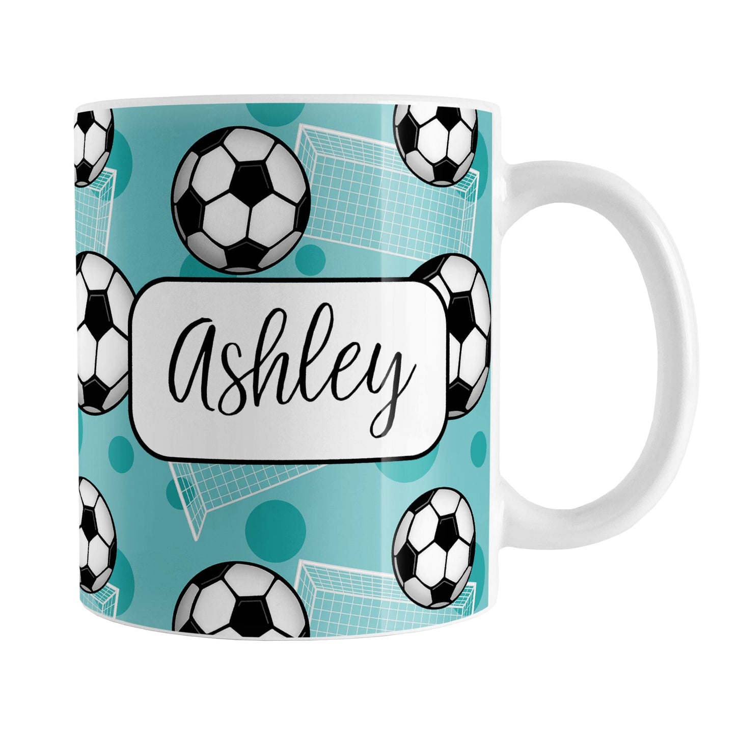 Soccer Ball and Goal Personalized Teal Soccer Mug (11oz) at Amy's Coffee Mugs. A ceramic coffee mug designed with a pattern of soccer balls and white soccer goals over a teal background with teal circles. Your personalized name is custom-printed in a fun black script font on both sides of the mug over the soccer pattern.