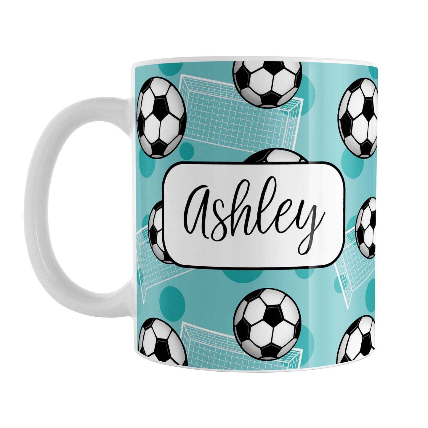 Soccer Ball and Goal Personalized Teal Soccer Mug (11oz) at Amy's Coffee Mugs. A ceramic coffee mug designed with a pattern of soccer balls and white soccer goals over a teal background with teal circles. Your personalized name is custom-printed in a fun black script font on both sides of the mug over the soccer pattern.