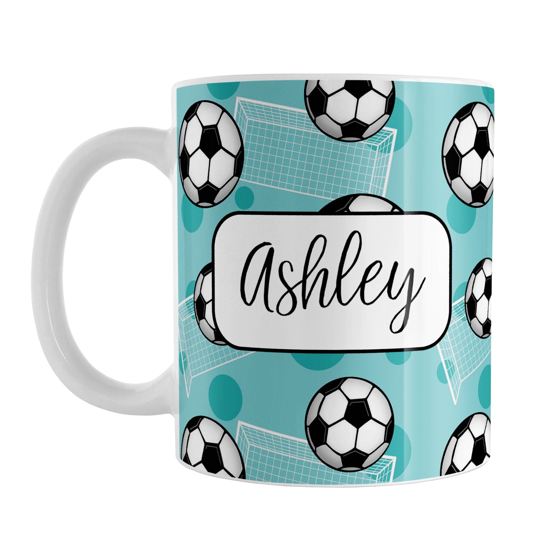 Soccer Ball and Goal Personalized Teal Soccer Mug (11oz) at Amy's Coffee Mugs. A ceramic coffee mug designed with a pattern of soccer balls and white soccer goals over a teal background with teal circles. Your personalized name is custom-printed in a fun black script font on both sides of the mug over the soccer pattern.