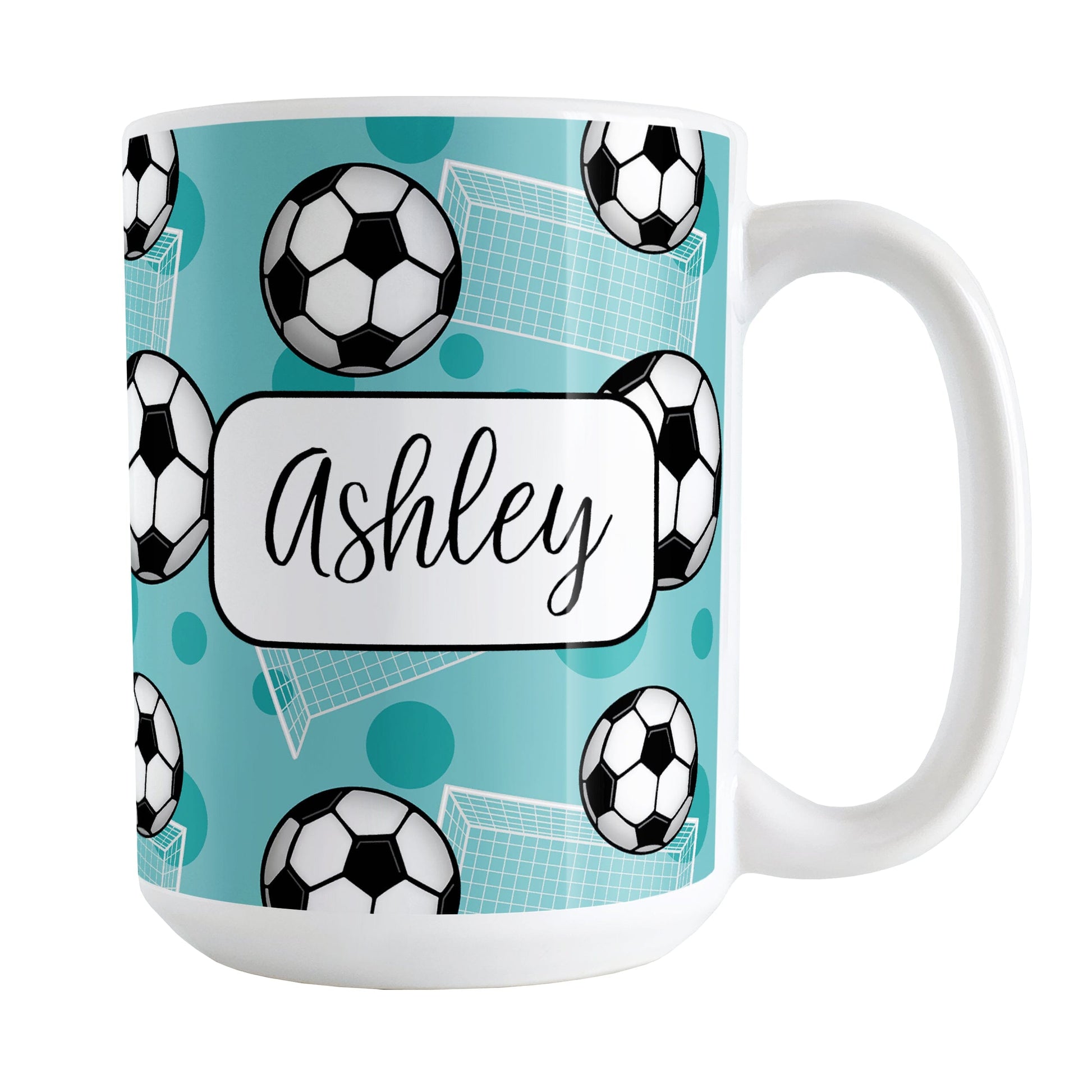 Soccer Ball and Goal Personalized Teal Soccer Mug (15oz) at Amy's Coffee Mugs. A ceramic coffee mug designed with a pattern of soccer balls and white soccer goals over a teal background with teal circles. Your personalized name is custom-printed in a fun black script font on both sides of the mug over the soccer pattern.