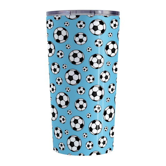 20oz Soccer Balls on Blue Tumbler Cup at Amy's Coffee Mugs