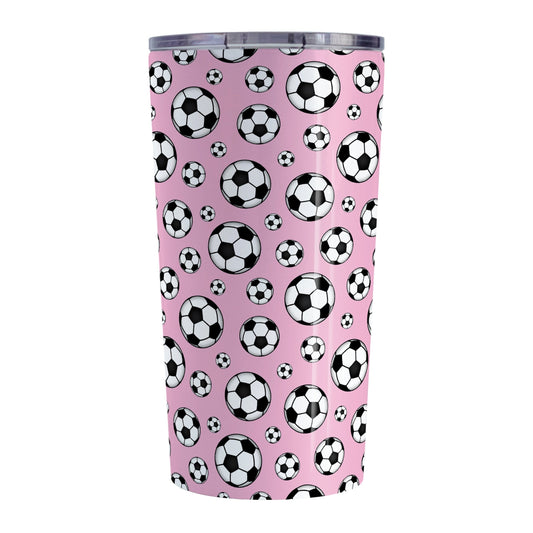 20oz Soccer Balls on Pink Tumbler Cup at Amy's Coffee Mugs