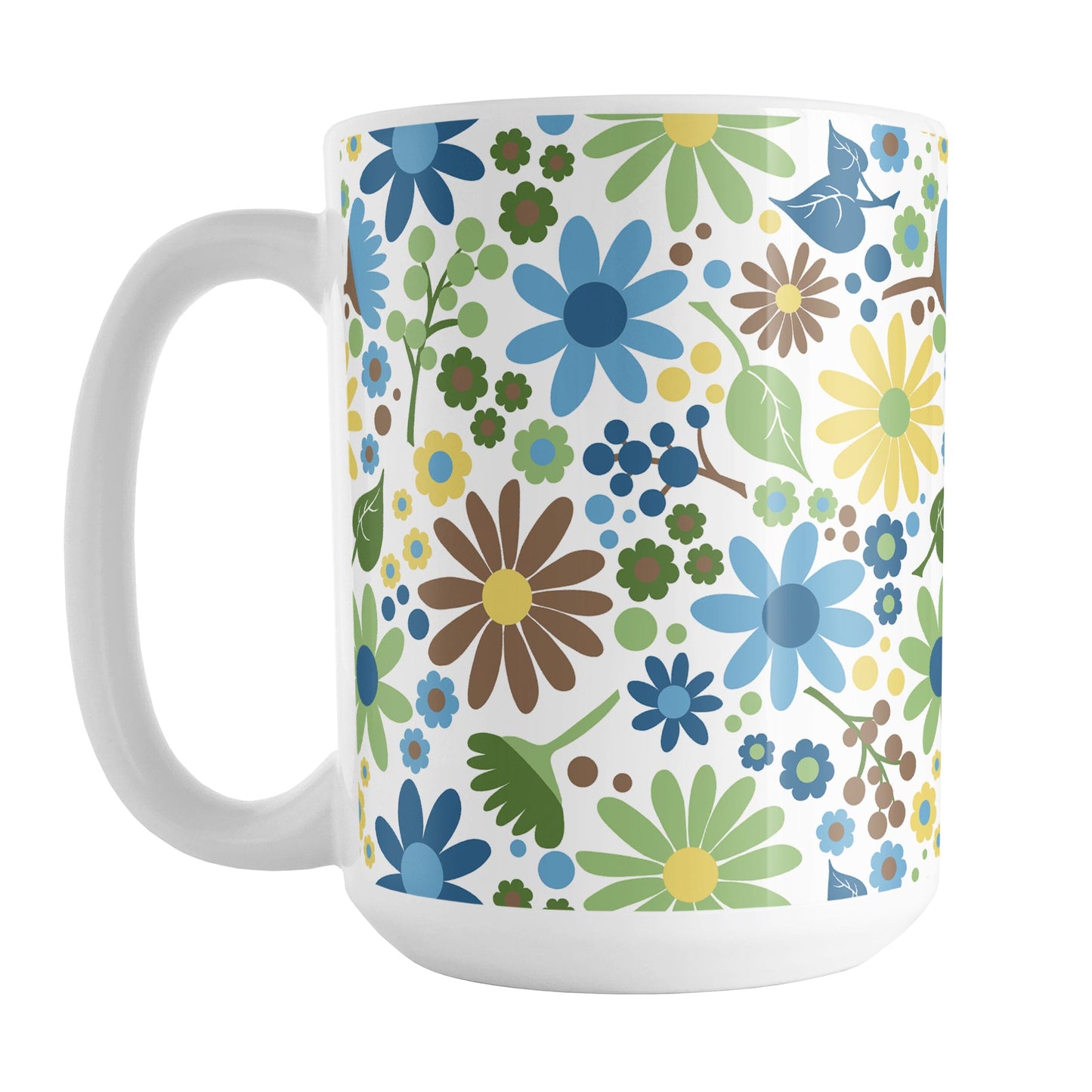 Sunny Summer Flowers Mug (15oz) at Amy's Coffee Mugs. A ceramic coffee mug designed with pretty floral wildflowers in a gorgeous summer color palette, with yellow, blue, green, and brown flowers and leaves in a pattern that wraps around the mug up to the handle.