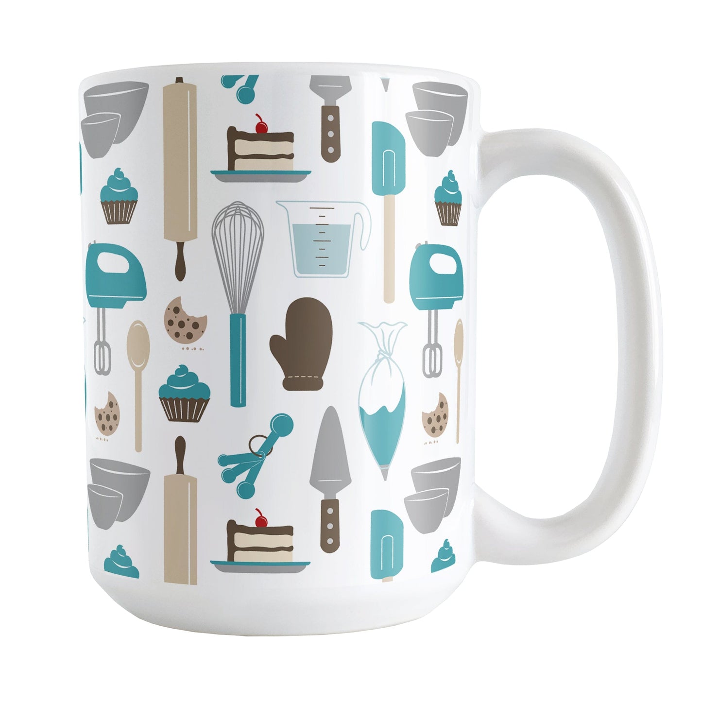 Turquoise Baking Pattern Mug (15oz) at Amy's Coffee Mugs. A ceramic coffee mug designed with a pattern of baking tools like spatulas, whisks, mixers, bowls, and spoons, with cookies, cupcakes, and cake all in a turquoise, gray, brown, and beige color scheme that wraps around the mug.