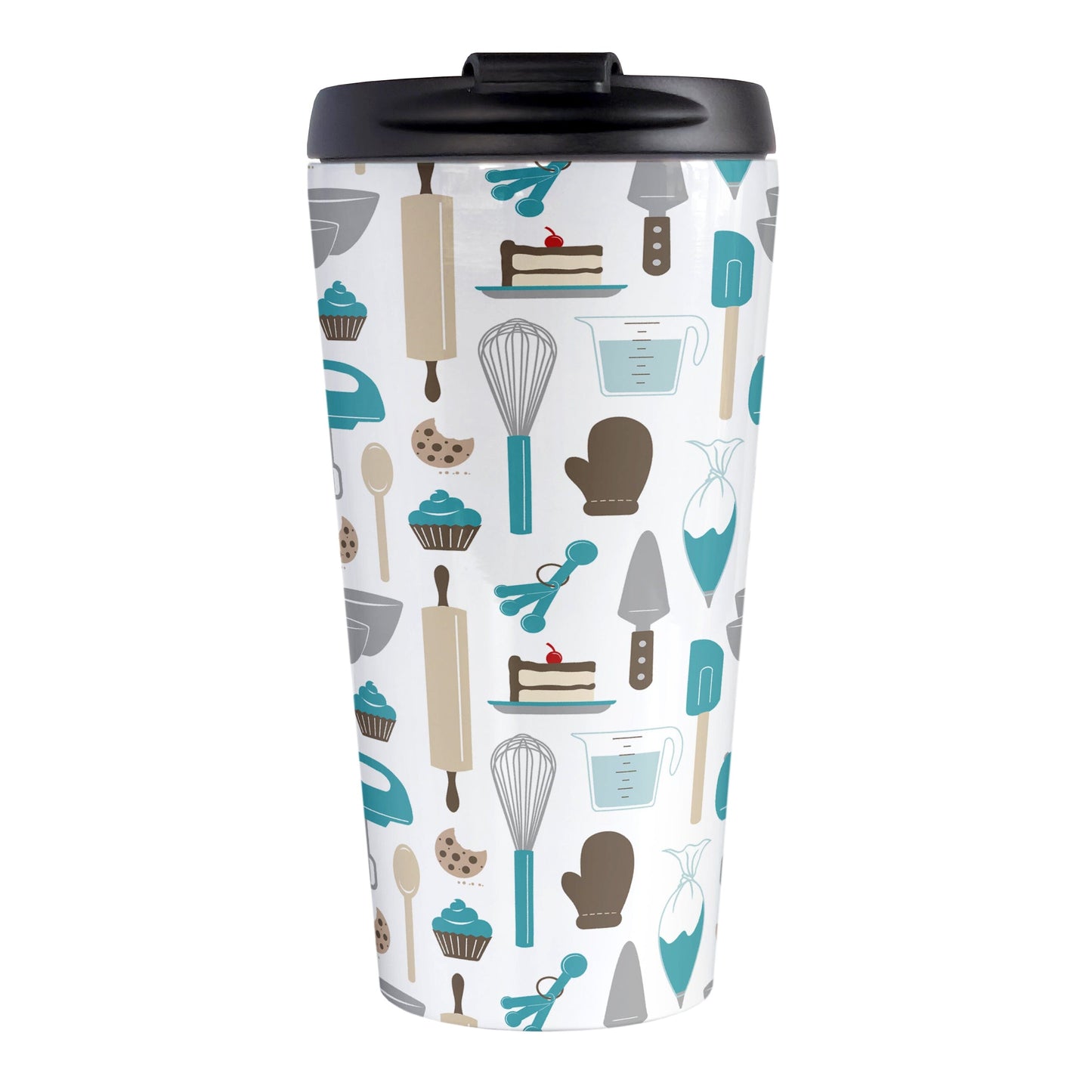 Turquoise Baking Pattern Travel Mug (15oz) at Amy's Coffee Mugs. A stainless steel travel mug designed with a pattern of baking tools like spatulas, whisks, mixers, bowls, and spoons, with cookies, cupcakes, and cake all in a turquoise, gray, brown, and beige color scheme that wraps around the travel mug.