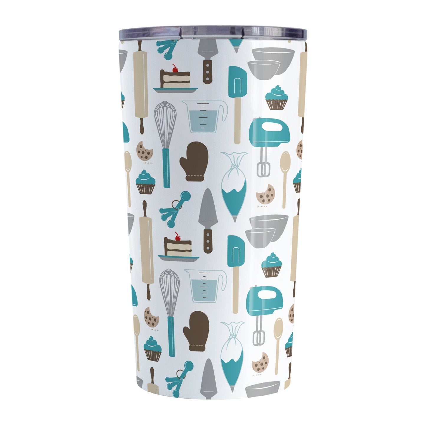 Turquoise Baking Pattern Tumbler Cup (20oz) at Amy's Coffee Mugs. A stainless steel tumbler cup designed with a pattern of baking tools like spatulas, whisks, mixers, bowls, and spoons, with cookies, cupcakes, and cake all in a turquoise, gray, brown, and beige color scheme that wraps around the cup.